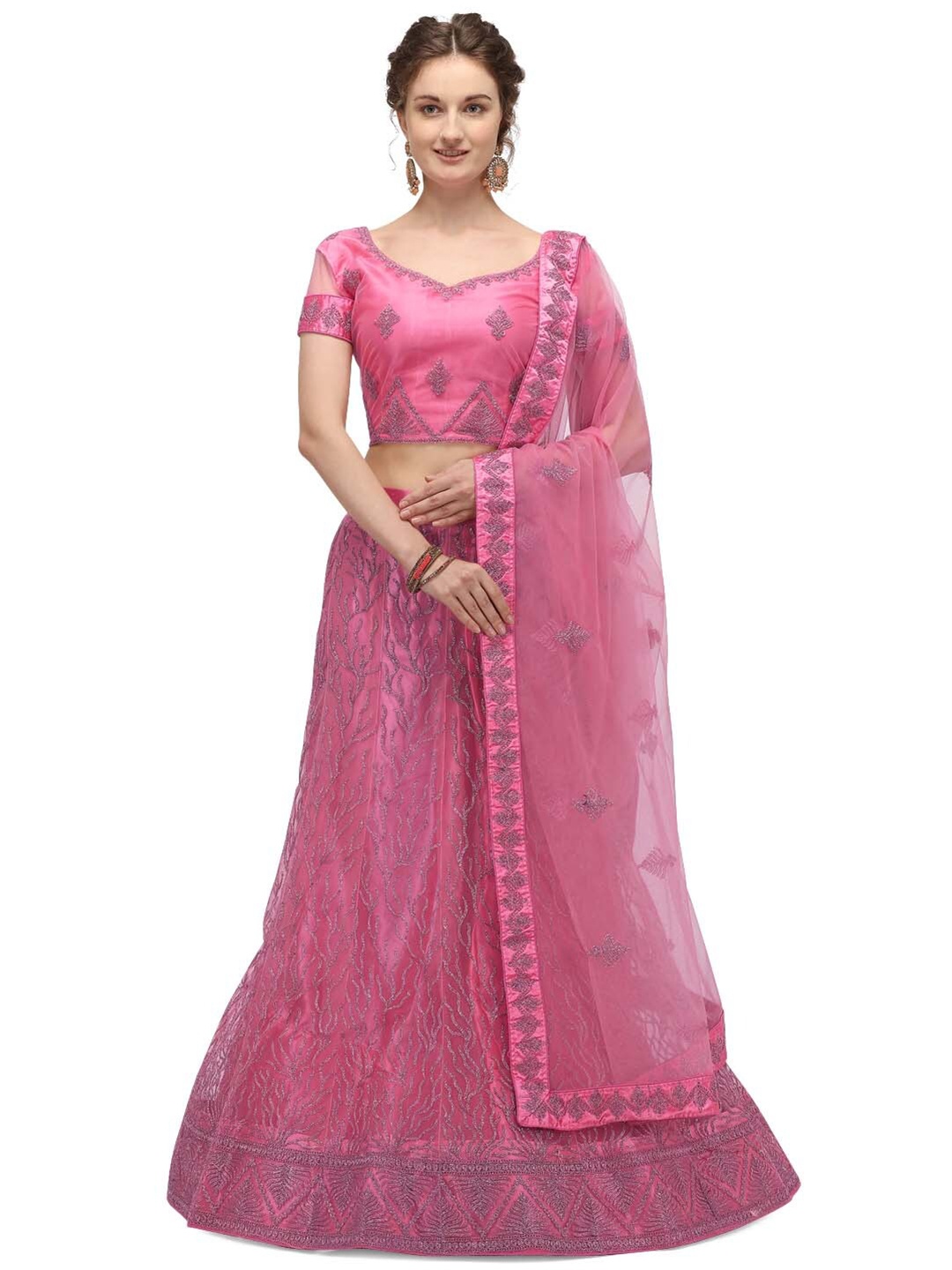 

Netram Pink & Silver-Toned Embroidered Zardozi Semi-Stitched Lehenga & Unstitched Blouse With Dupatta