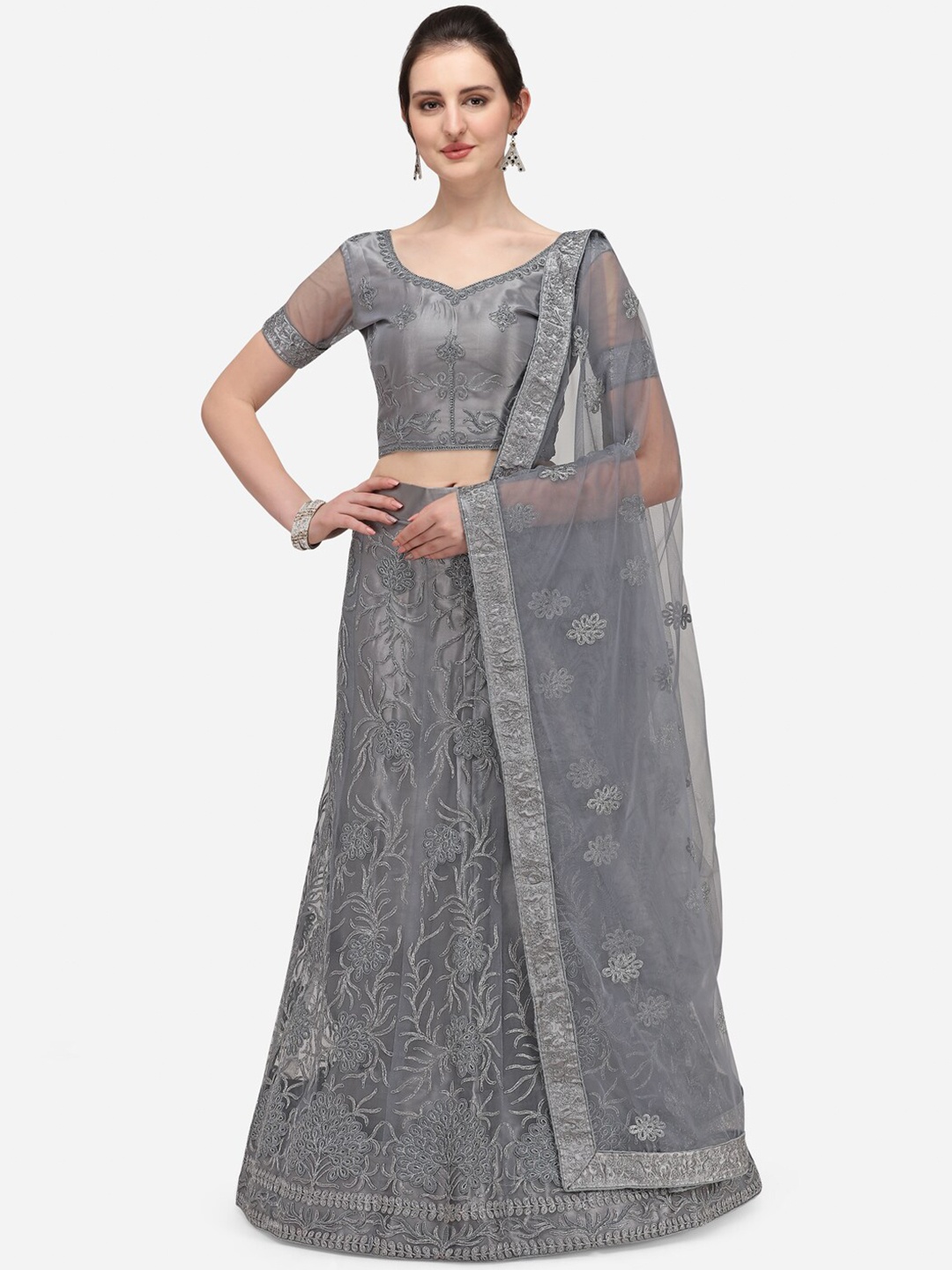 

Netram Women Grey Embroidered Semi-Stitched Lehenga Choli with Dupatta