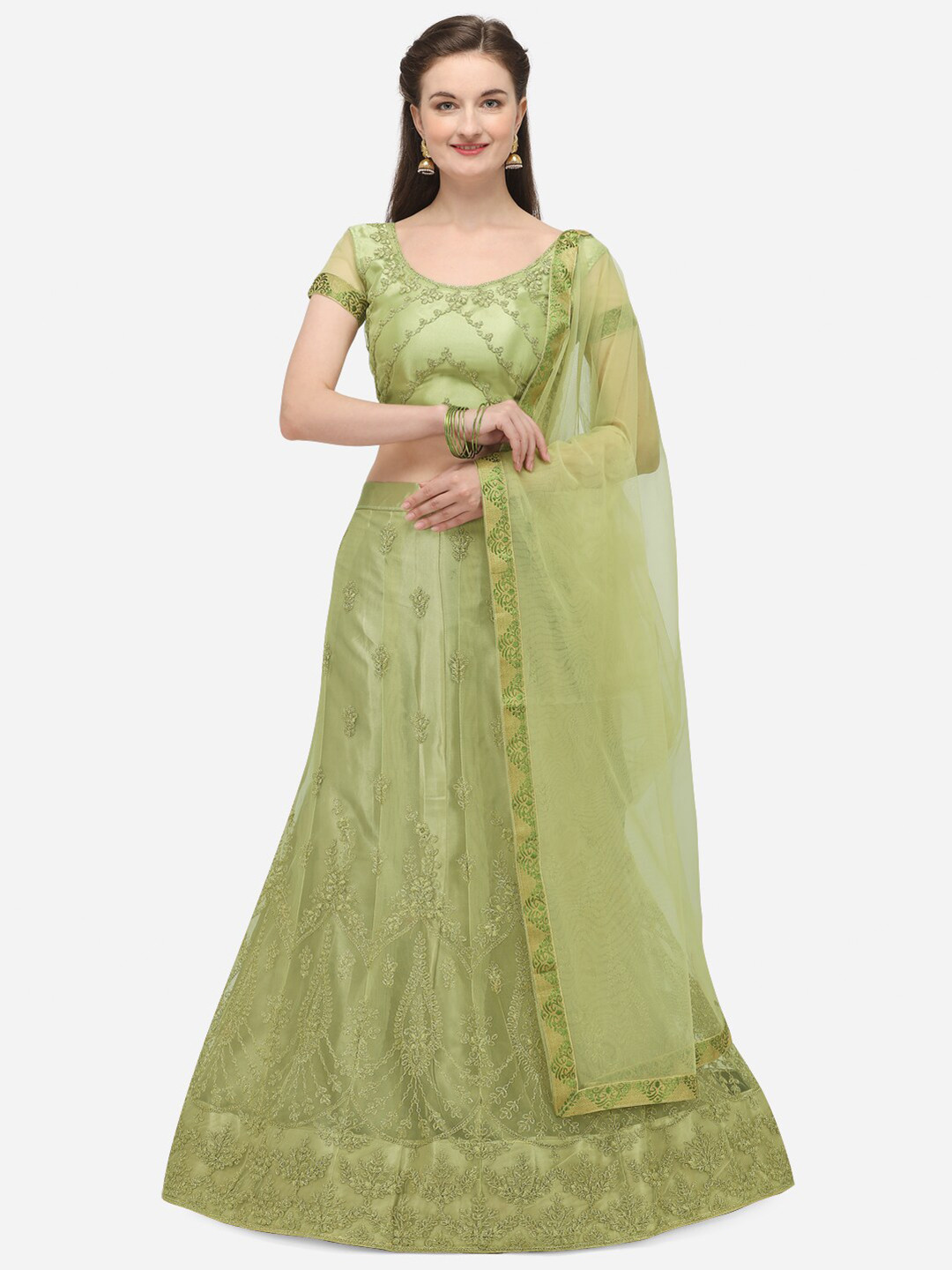 

Netram Lime Green & Silver-Toned Embroidered Semi-Stitched Lehenga & Unstitched Blouse With Dupatta