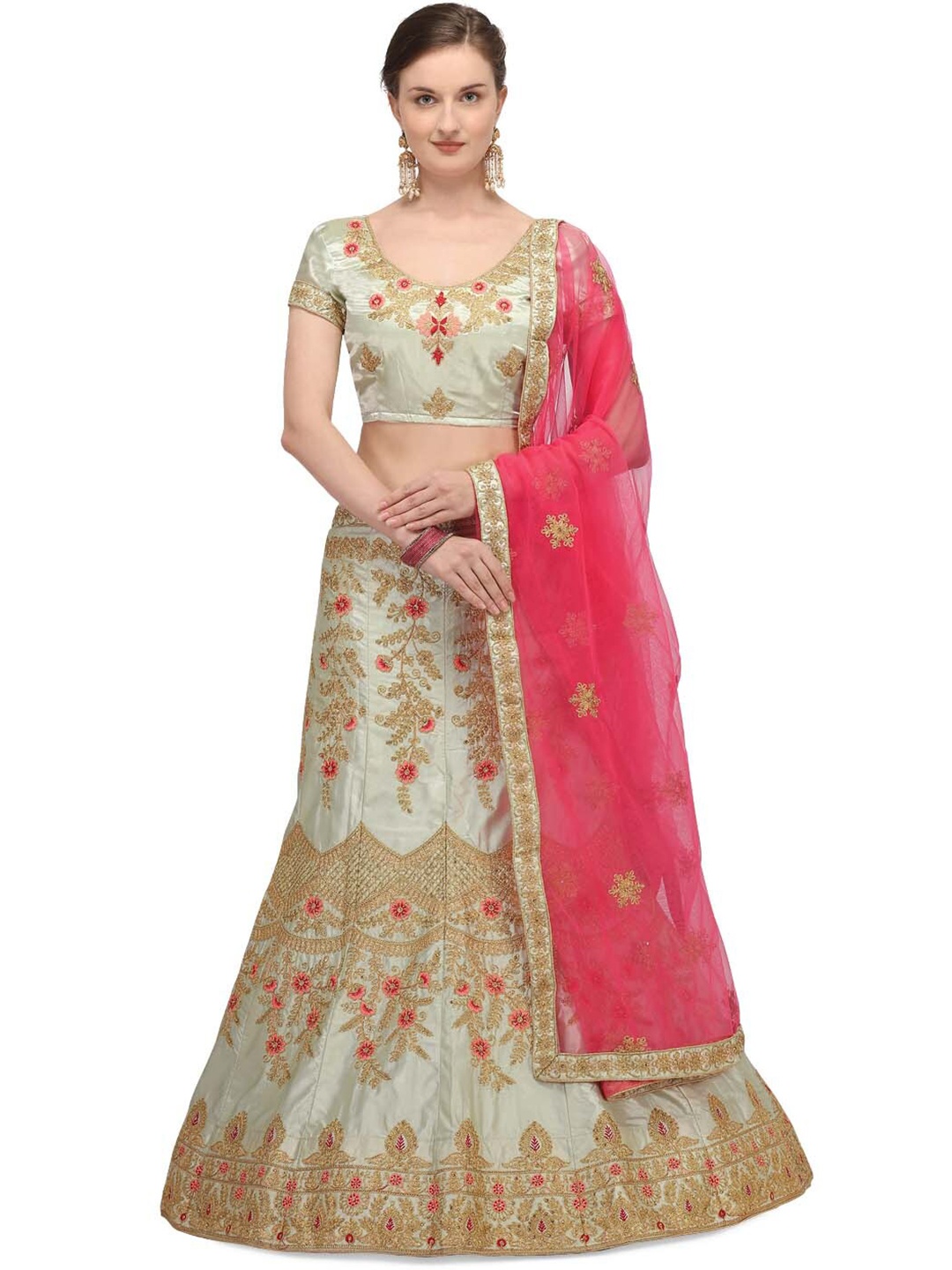 

Netram Lime Green & Fuchsia Embroidered Semi-Stitched Lehenga & Unstitched Blouse With Dupatta