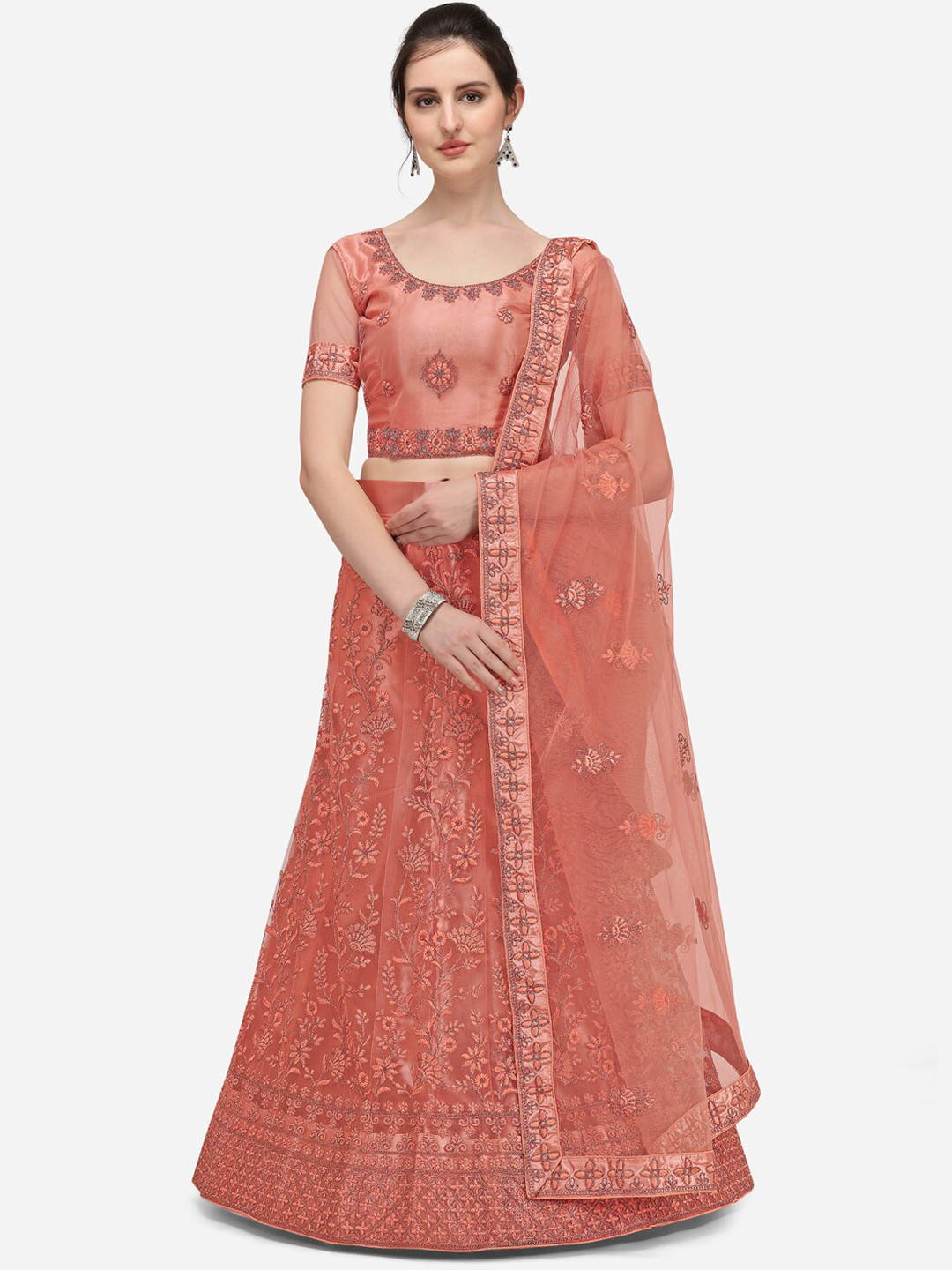 

Netram Peach-Coloured Zardozi Semi-Stitched Lehenga & Unstitched Blouse With Dupatta