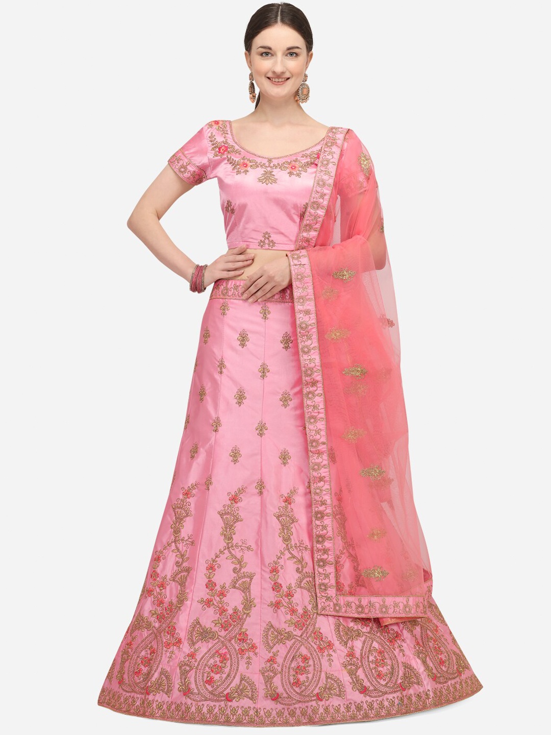 

Netram Women Pink Embroidered Semi-Stitched Lehenga Choli with Dupatta