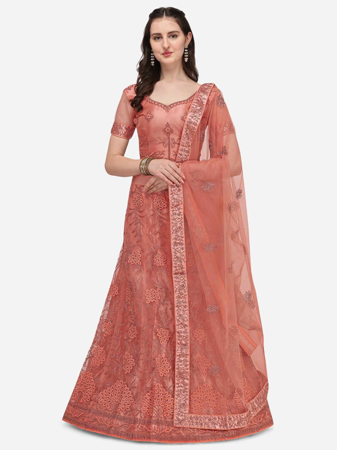 

Netram Peach & Silver Zardozi Semi-Stitched Lehenga & Unstitched Blouse With Dupatta