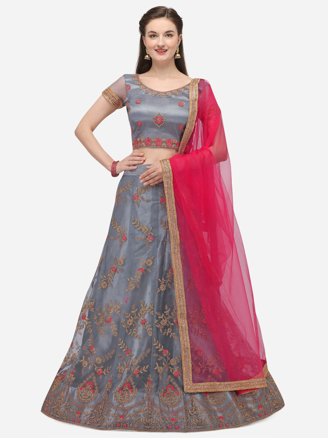 

Netram Grey & Fuchsia Embroidered Zardozi Semi-Stitched Lehenga & Unstitched Blouse With Dupatta