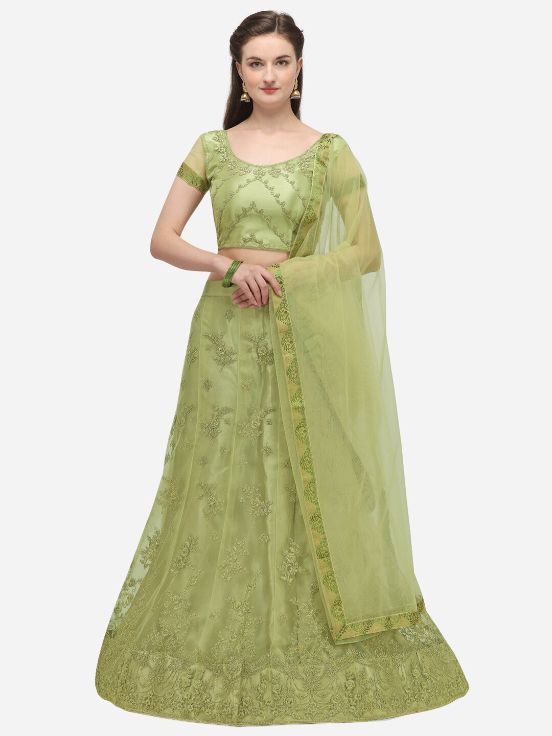

Netram Lime Green Embroidered Semi-Stitched Net Lehenga & Unstitched Blouse With Dupatta