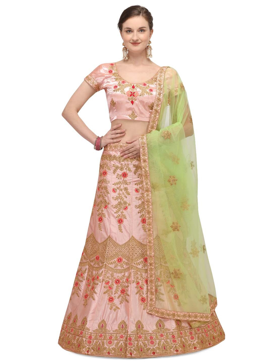 

Netram Pink & Green Embroidered Semi-Stitched Lehenga & Unstitched Blouse With Dupatta