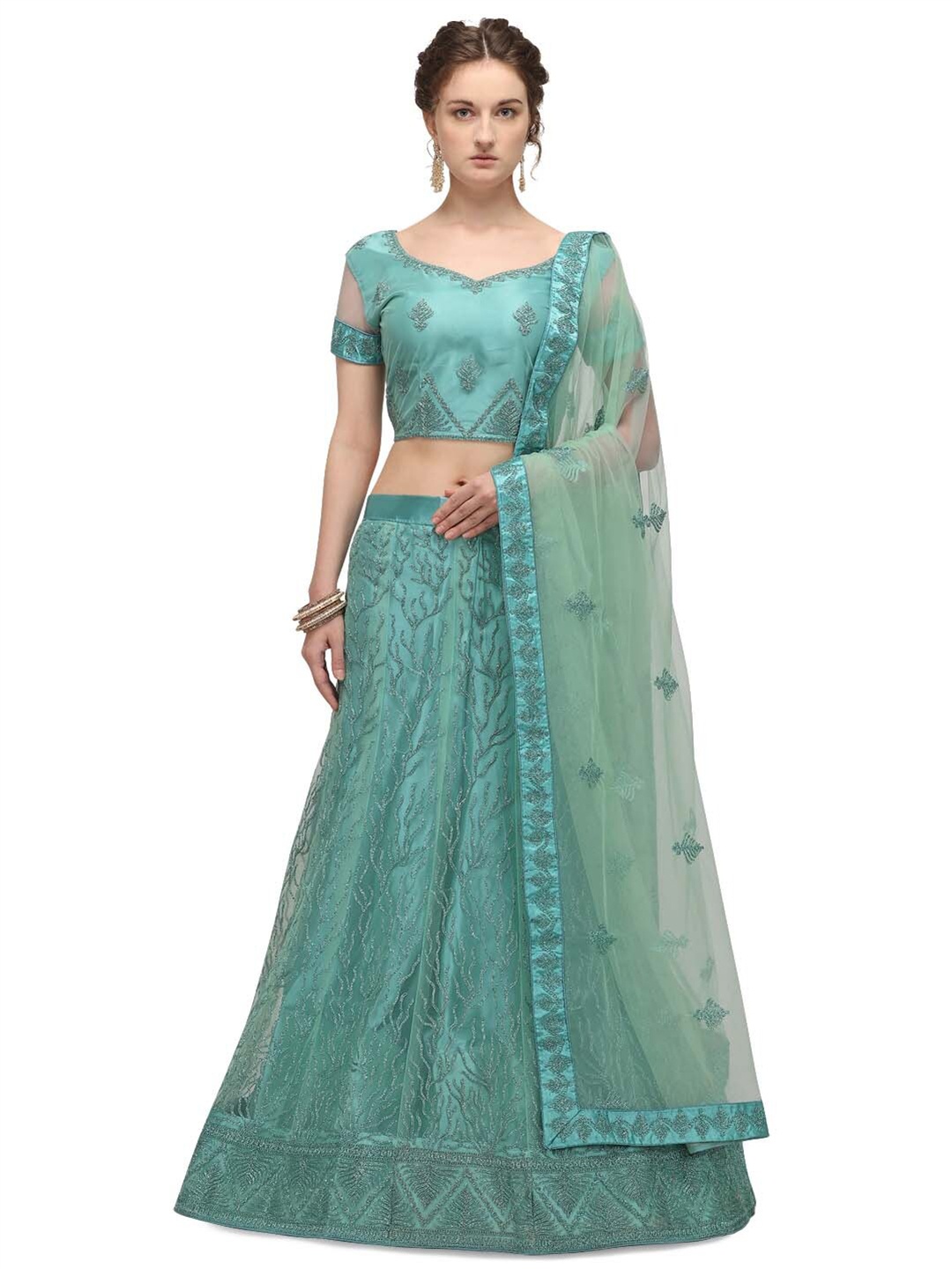 

Netram Sea Green Embroidered Semi-Stitched Lehenga & Unstitched Blouse With Dupatta