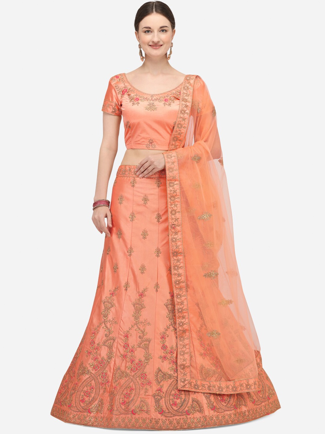 

Netram Peach & Gold Embroidered Semi-Stitched Lehenga & Unstitched Blouse With Dupatta
