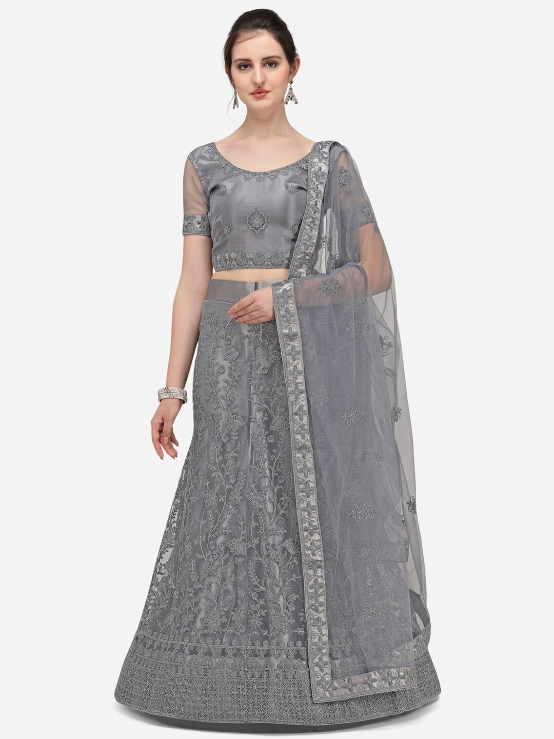 

Netram Grey & Silver-Toned Embroidered Zardozi Semi-Stitched Lehenga & Unstitched Blouse With Dupatta