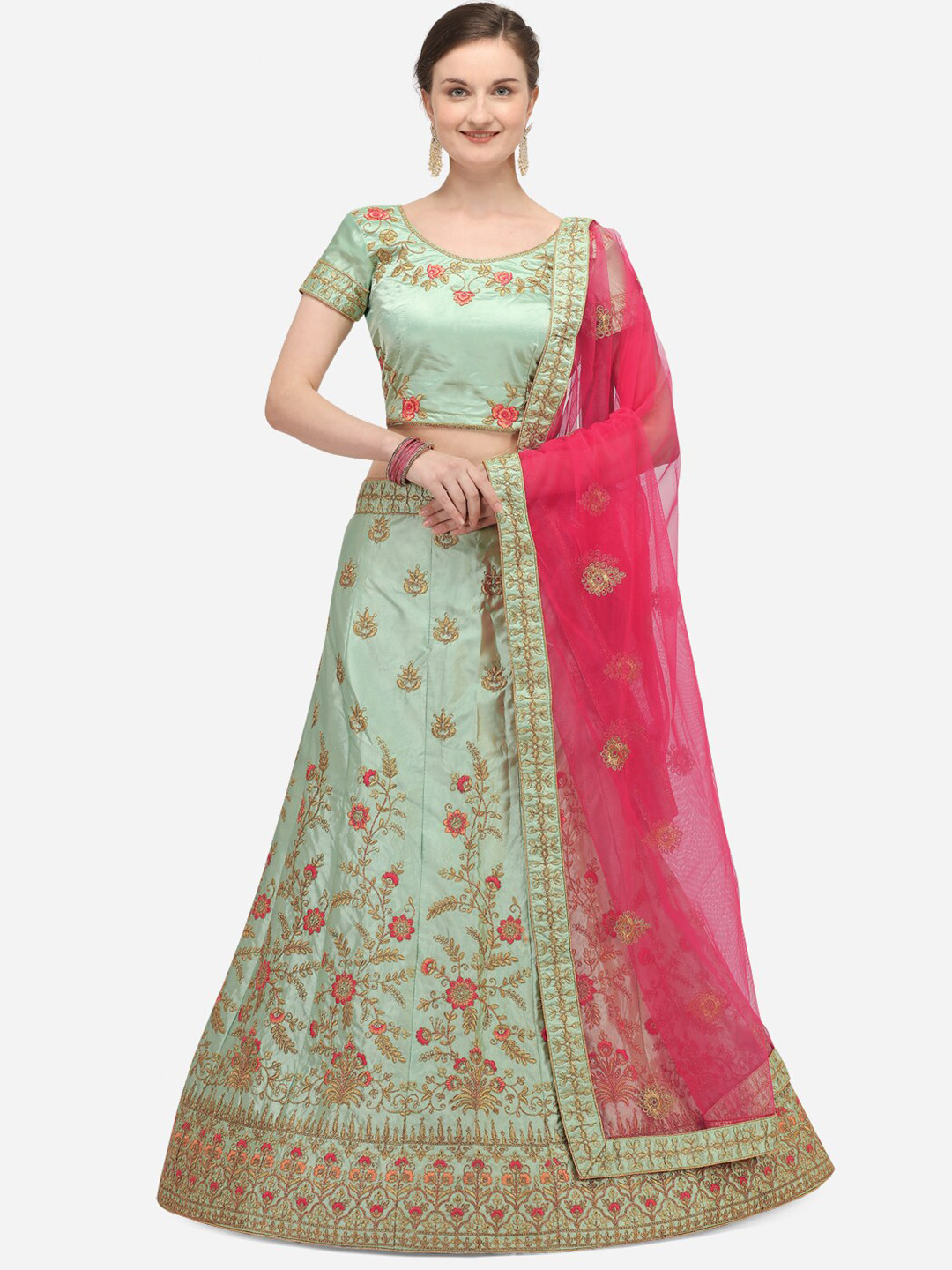 

Netram Lime Green & Magenta Embroidered Semi-Stitched Lehenga & Unstitched Blouse With Dupatta