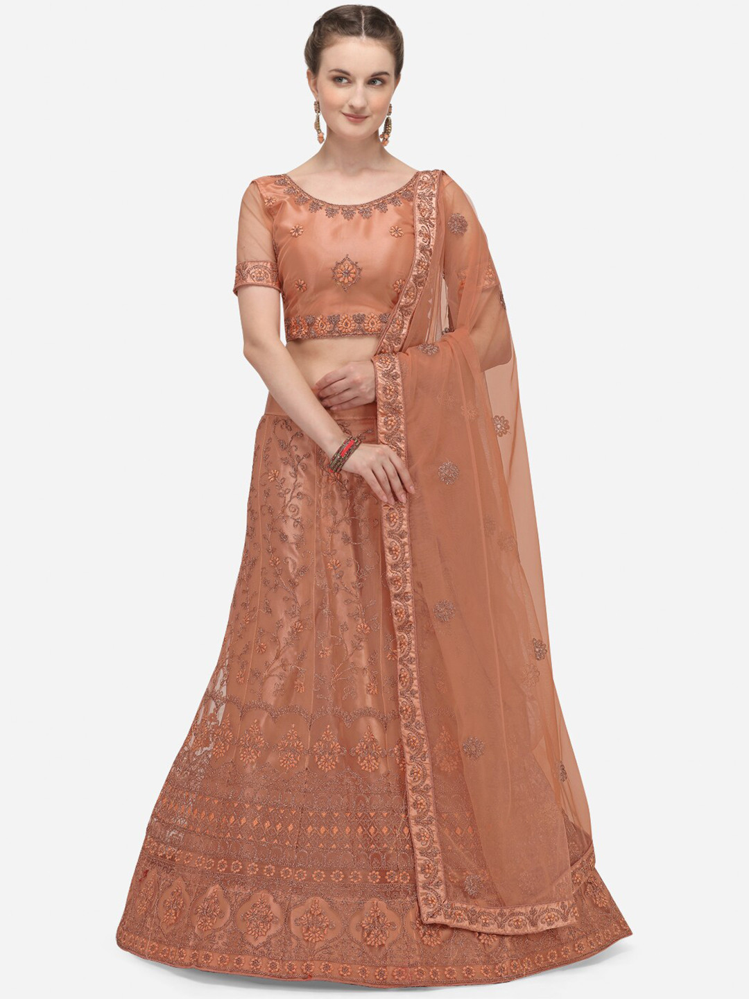 

Netram Peach-Coloured Embroidered Semi-Stitched Lehenga & Unstitched Blouse With Dupatta