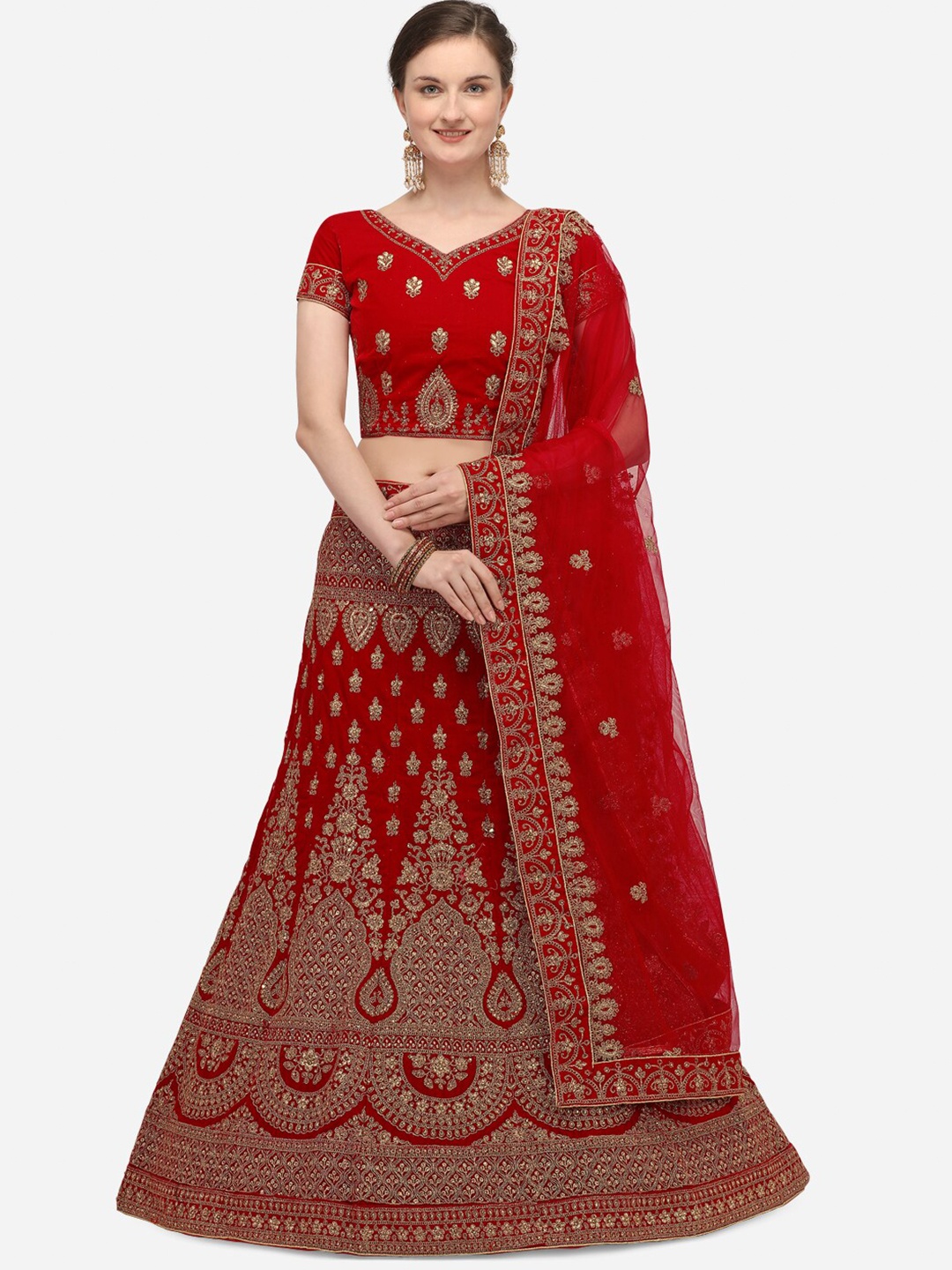 

Netram Red Embroidered Semi-Stitched Lehenga & Unstitched Blouse With Dupatta