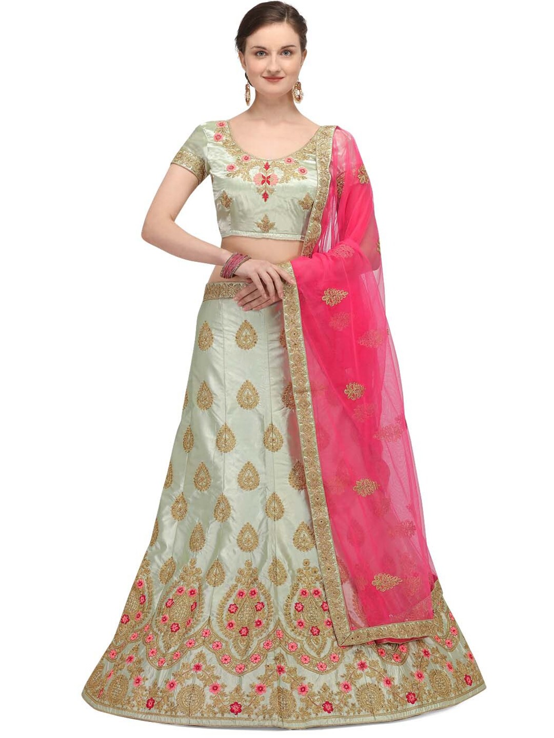 

Netram Lime Green & Pink Embroidered Semi-Stitched Lehenga & Unstitched Blouse With Dupatta