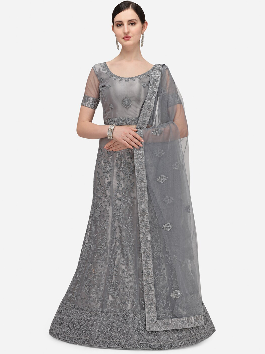 

Netram Grey Embroidered Semi-Stitched Lehenga & Unstitched Blouse With Dupatta