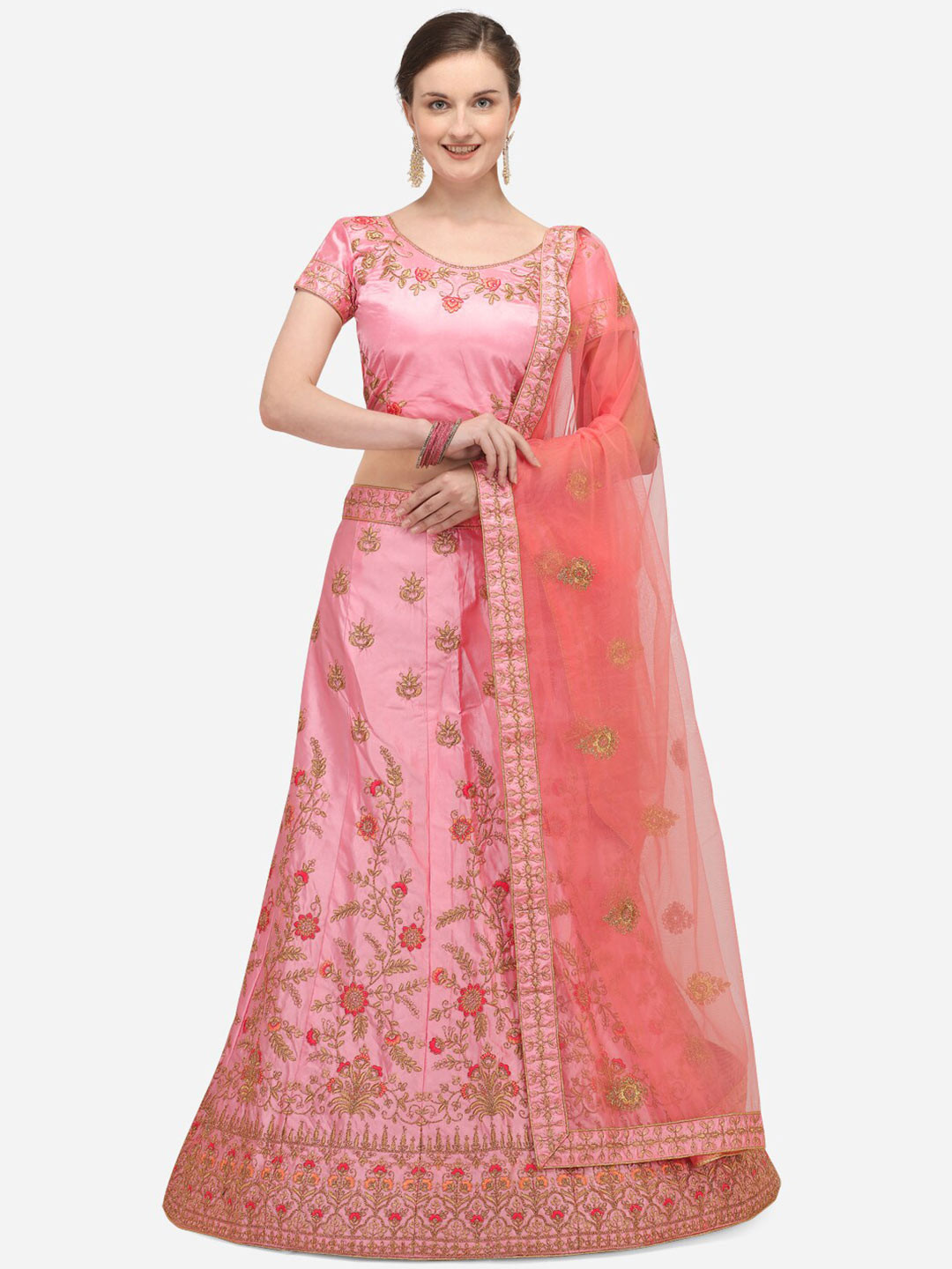 

Netram Pink & Gold-Toned Embroidered Semi-Stitched Lehenga & Unstitched Blouse With Dupatta