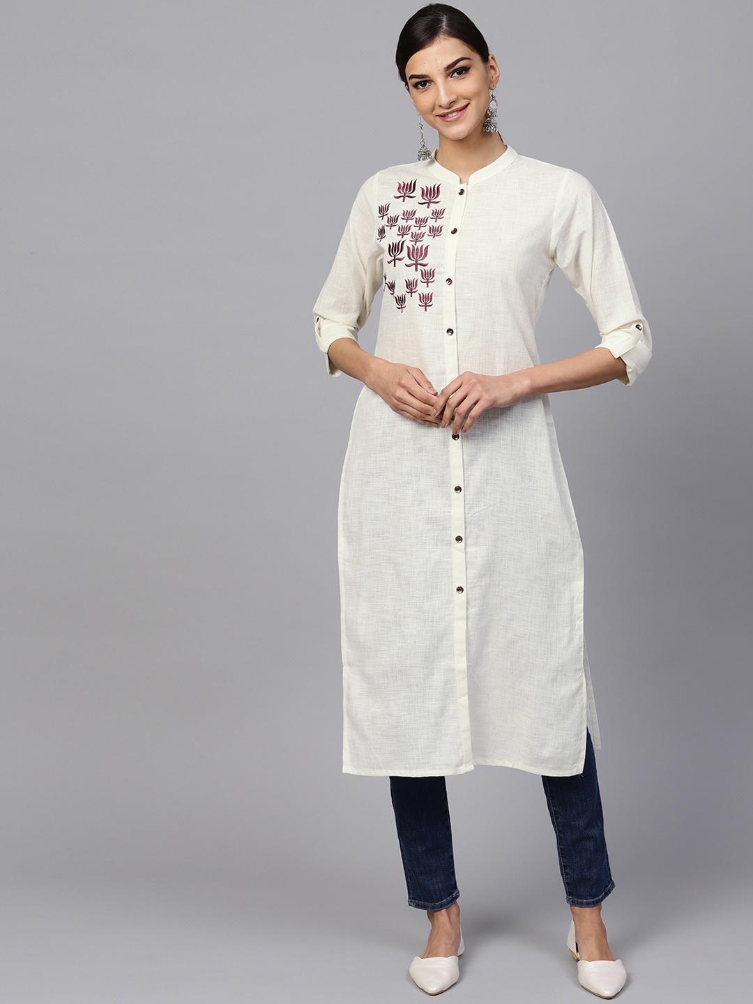 

Indo Era Women Off White Embroidered Thread Work Kurta