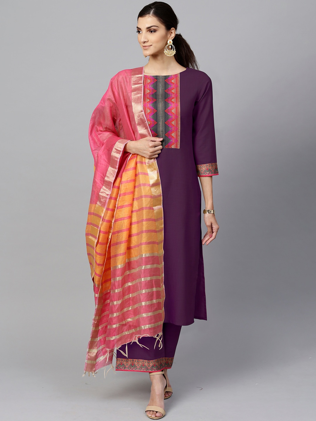 

Indo Era Women Purple Yoke Design Kurta with Palazzos & Dupatta