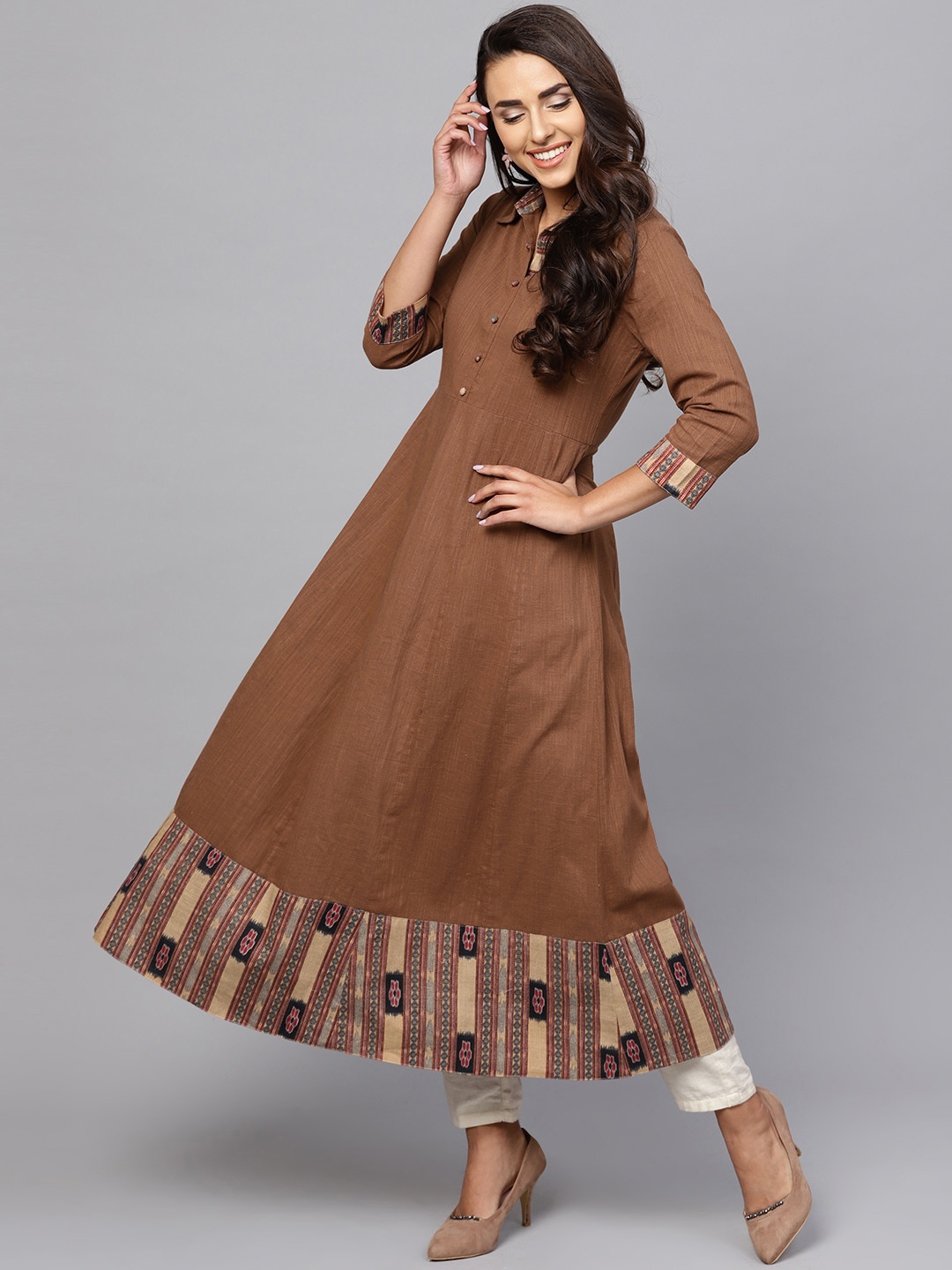 

Indo Era Women Brown Cotton Anarkali Kurta