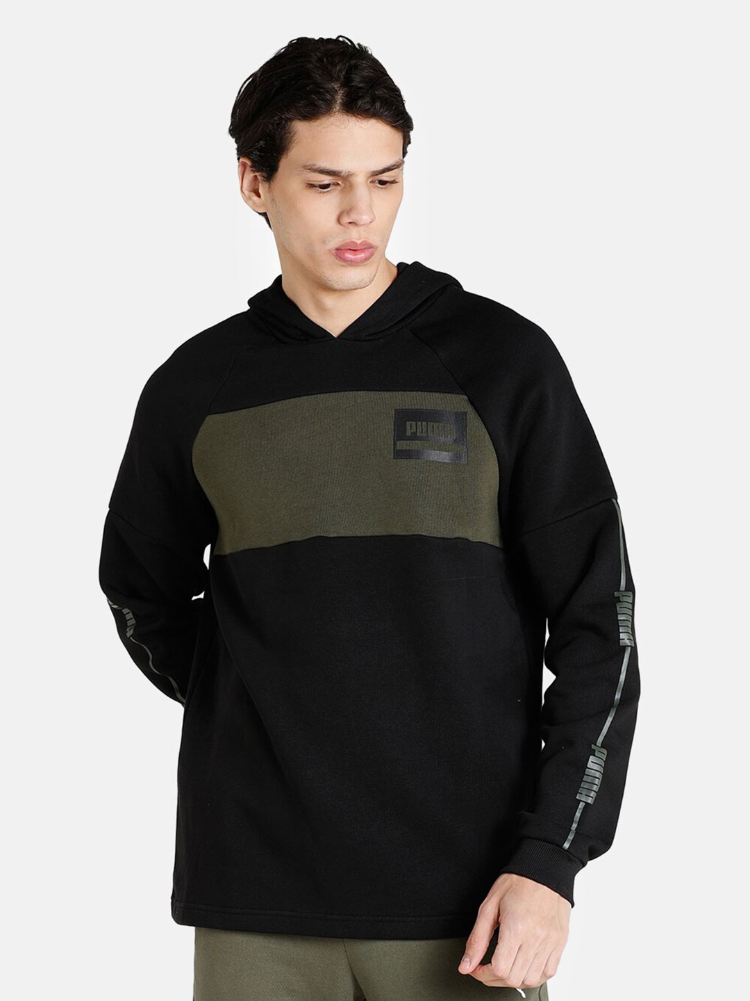 

Puma Men Black & Olive Striped Hooded Sweatshirt