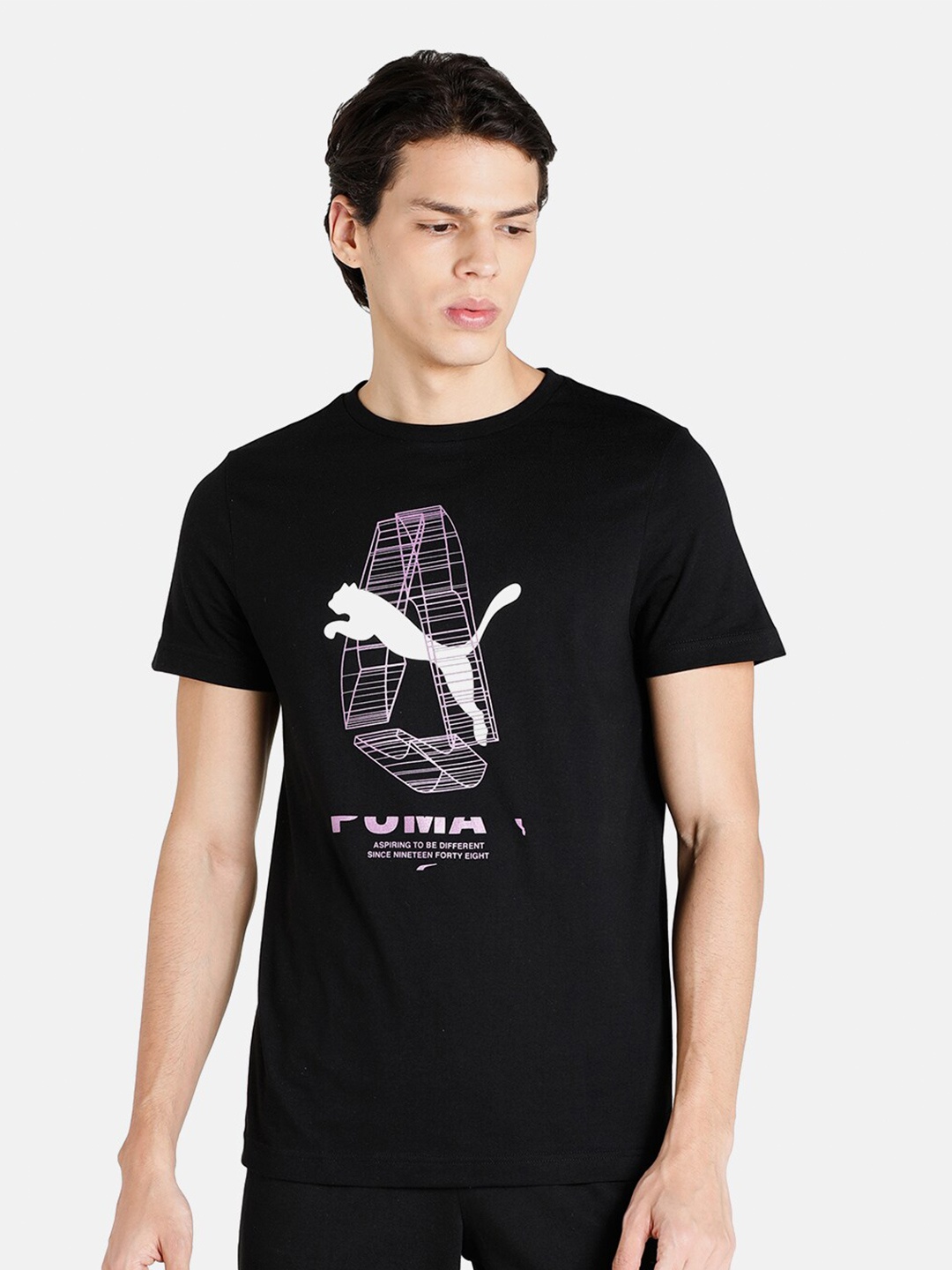 

Puma Men Black & White Printed Round Neck Cotton T-shirt