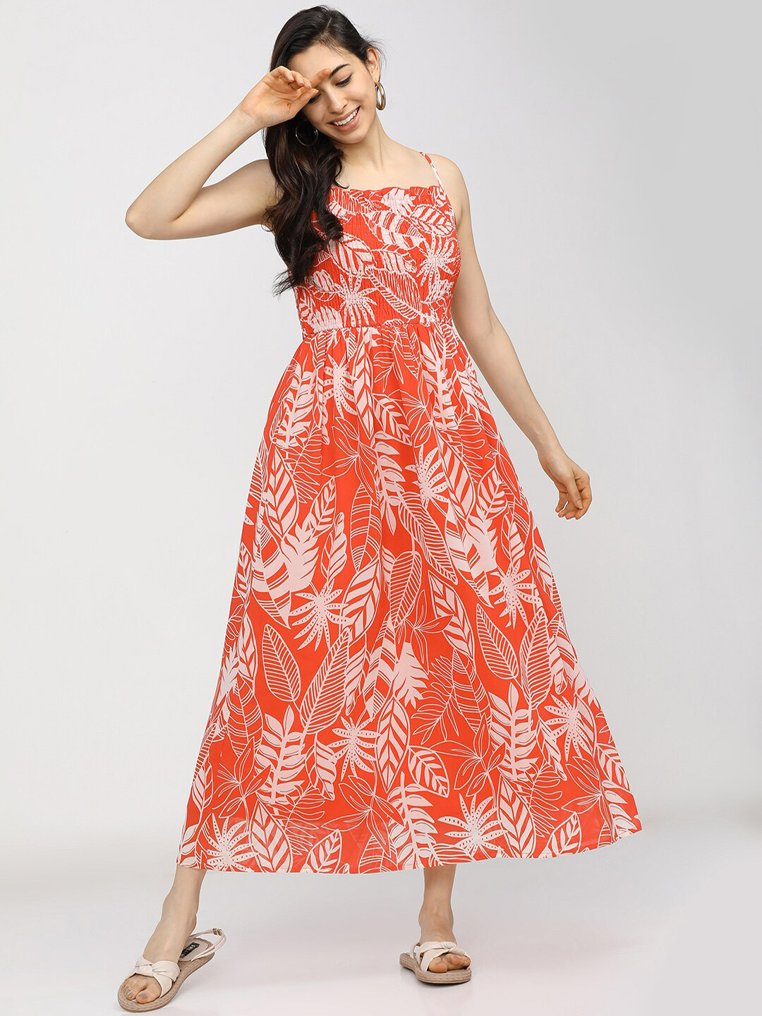 

Tokyo Talkies Orange Floral Printed Shoulder Strap Fit & Flare Midi Dress