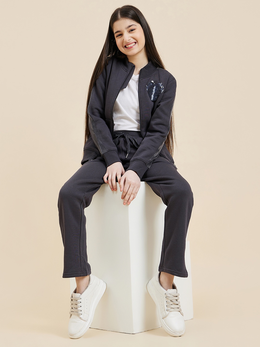 

Sweet Dreams Girls Charcoal Grey Solid Tracksuit