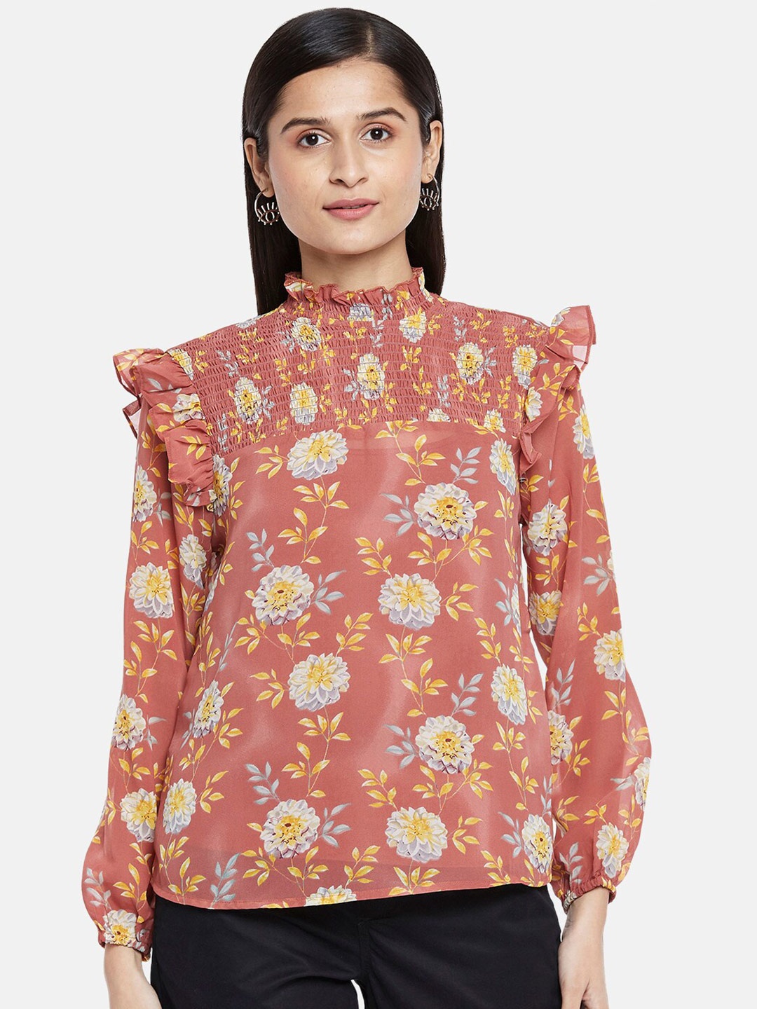 Honey by Pantaloons Women Peach-Coloured Floral Print Pure Silk Regular Top