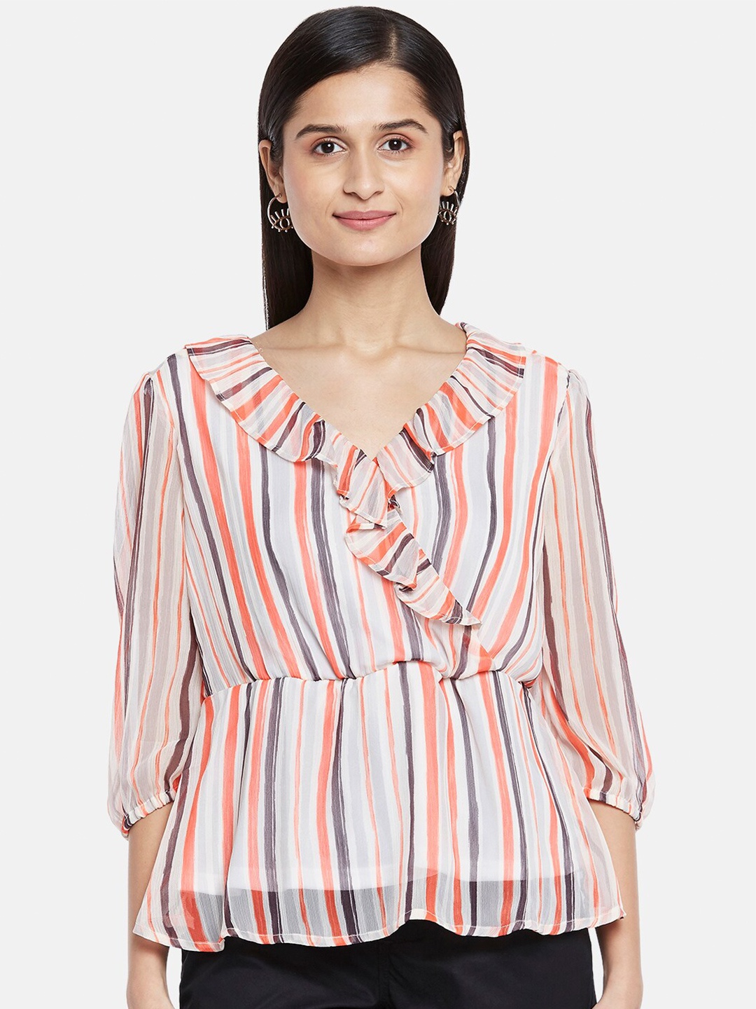 

Honey by Pantaloons Women Peach-Coloured Striped Pure Silk Georgette Wrap Top