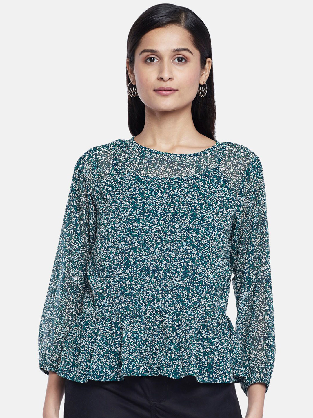 

Honey by Pantaloons Green & Off White Floral Print Layered Pure Silk Georgette Peplum Top