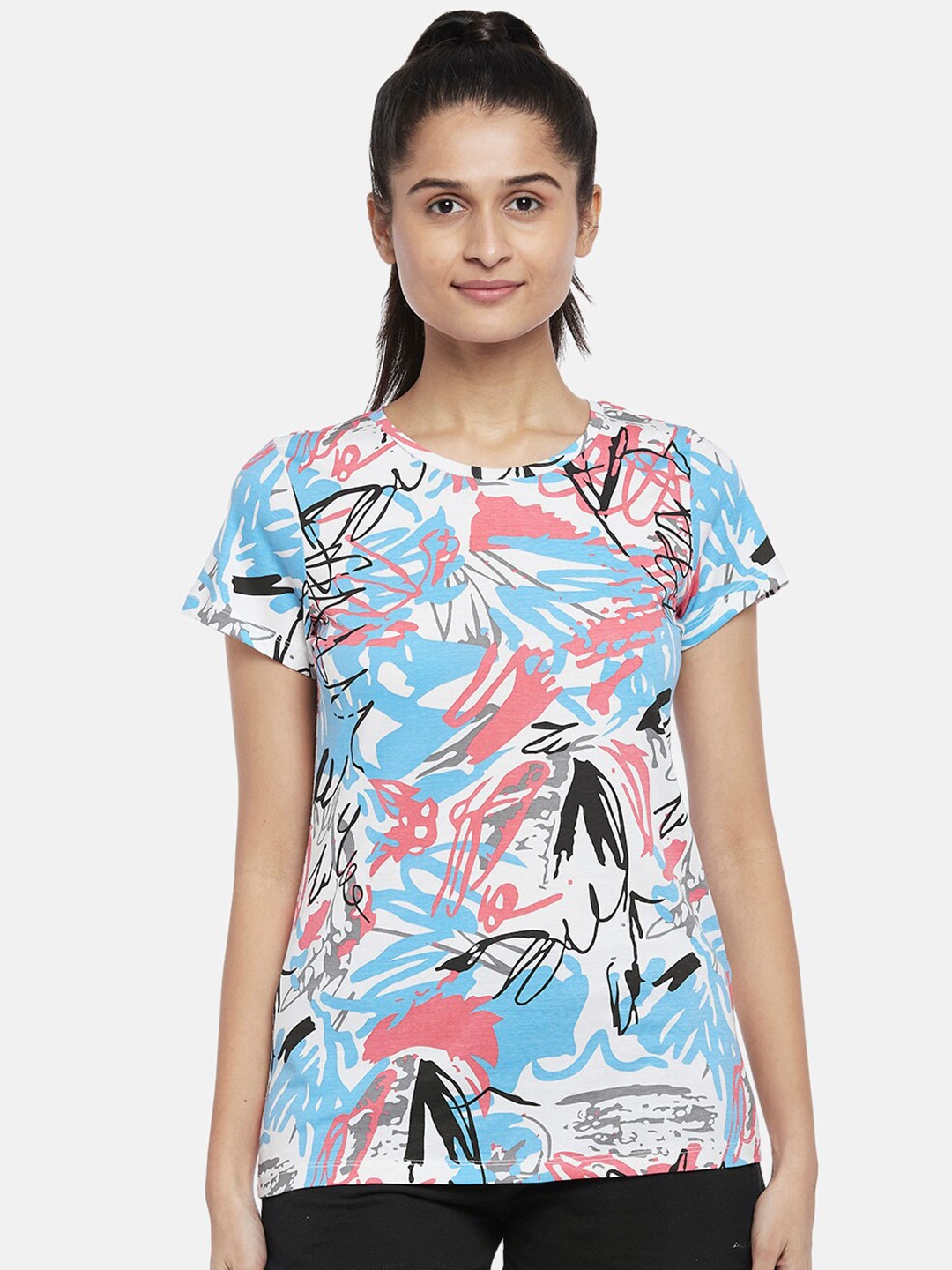 

Ajile by Pantaloons Women Blue & White Printed Pure Cotton T-shirt