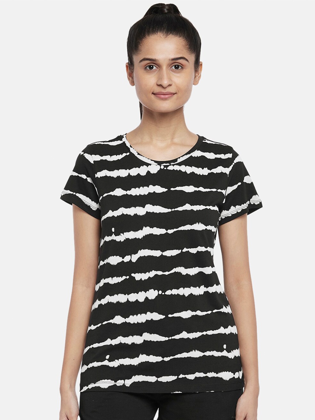 

Ajile by Pantaloons Women Black & White Striped Monochrome T-shirt