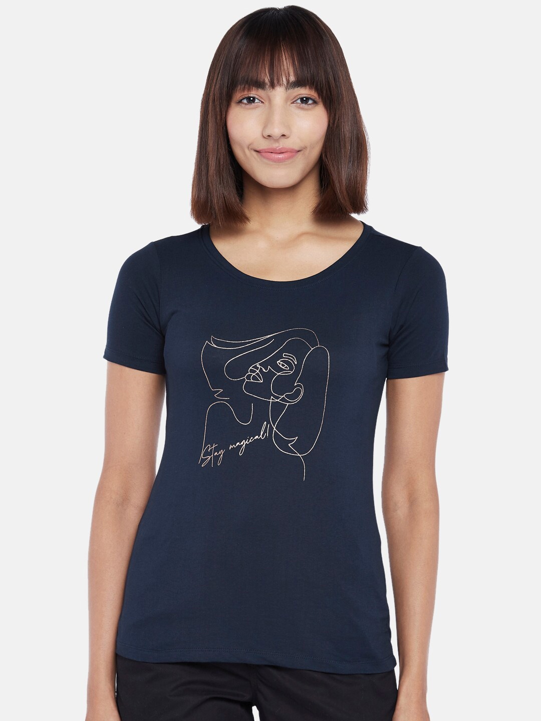 

Honey by Pantaloons Women Navy Blue Printed Cotton T-shirt