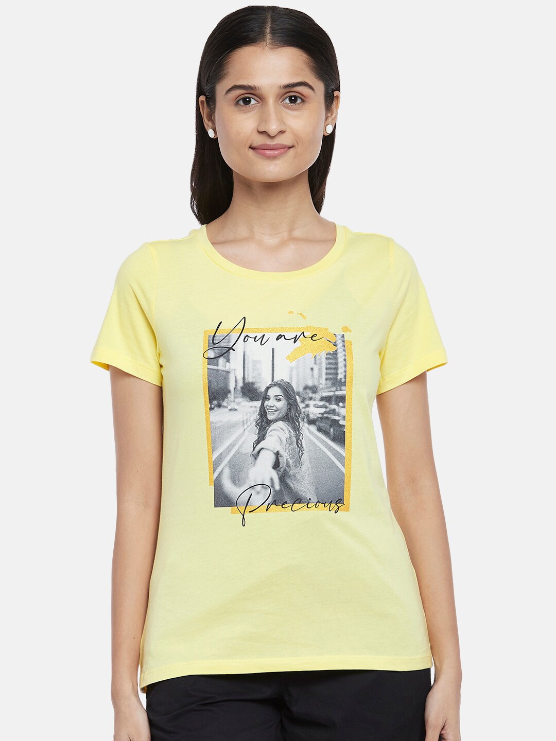 

Honey by Pantaloons Woman Yellow & Grey Printed T-shirt