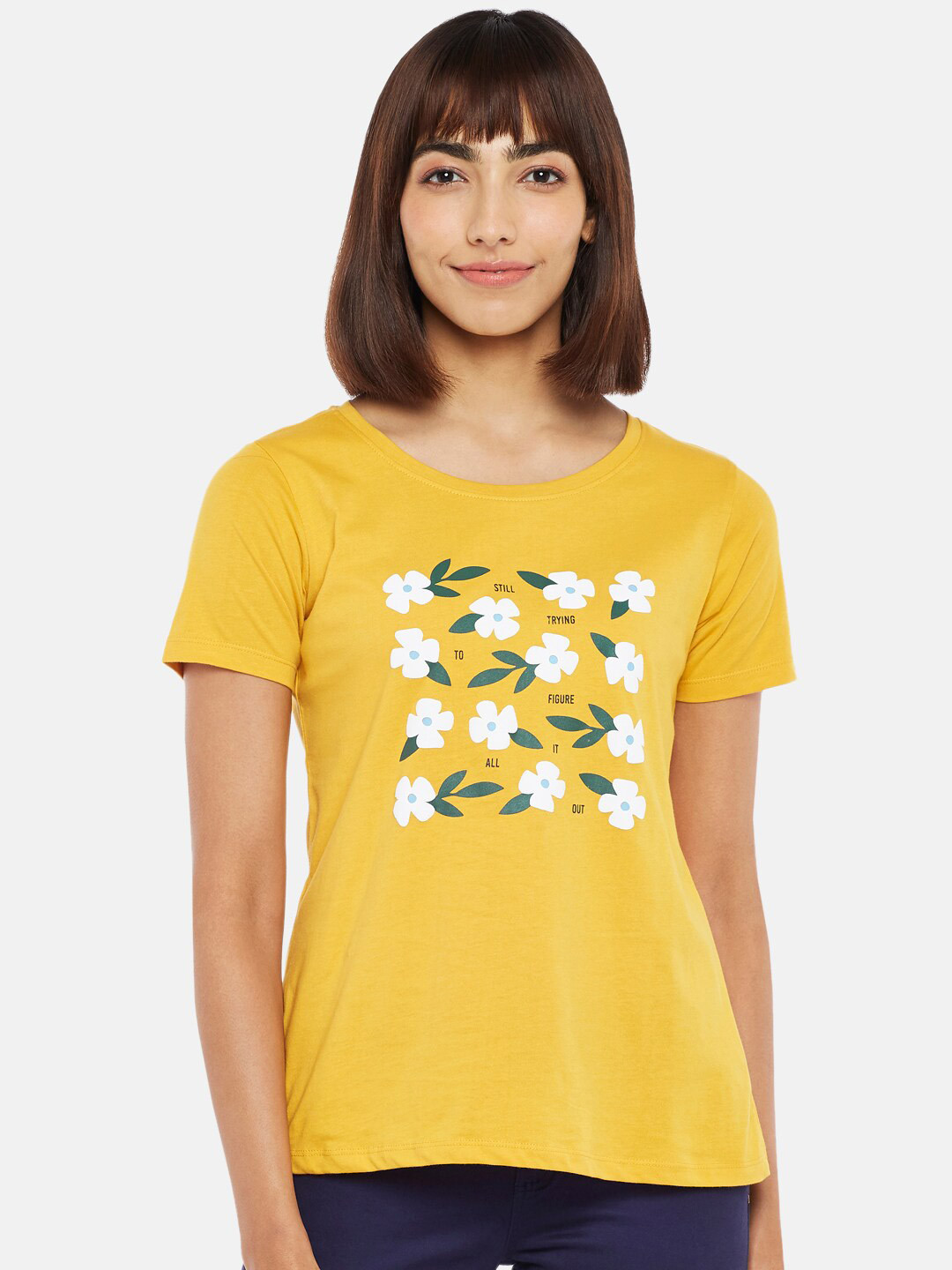 

Honey by Pantaloons Women Mustard Yellow Printed Pure Cotton T-shirt