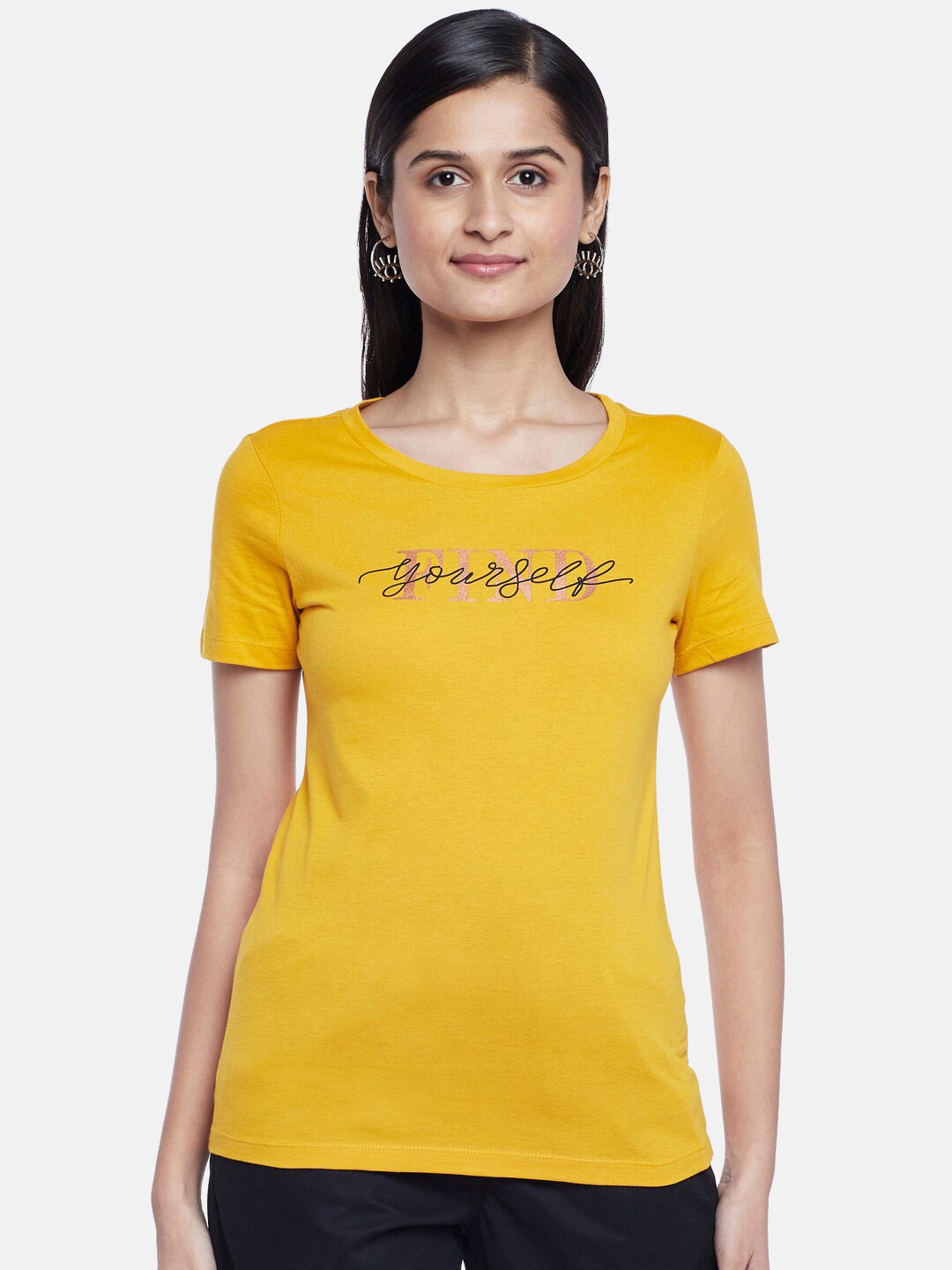 

Honey by Pantaloons Women Mustard Yellow Pockets T-shirt