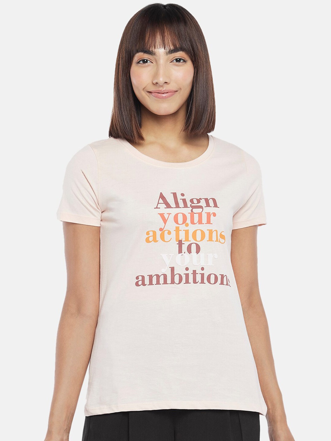 

Honey by Pantaloons Women Peach-Coloured Typography Printed Pure Cotton T-shirt