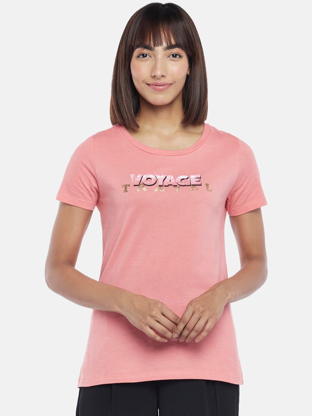 

Honey by Pantaloons Women Pink & White Printed Cotton T-shirt