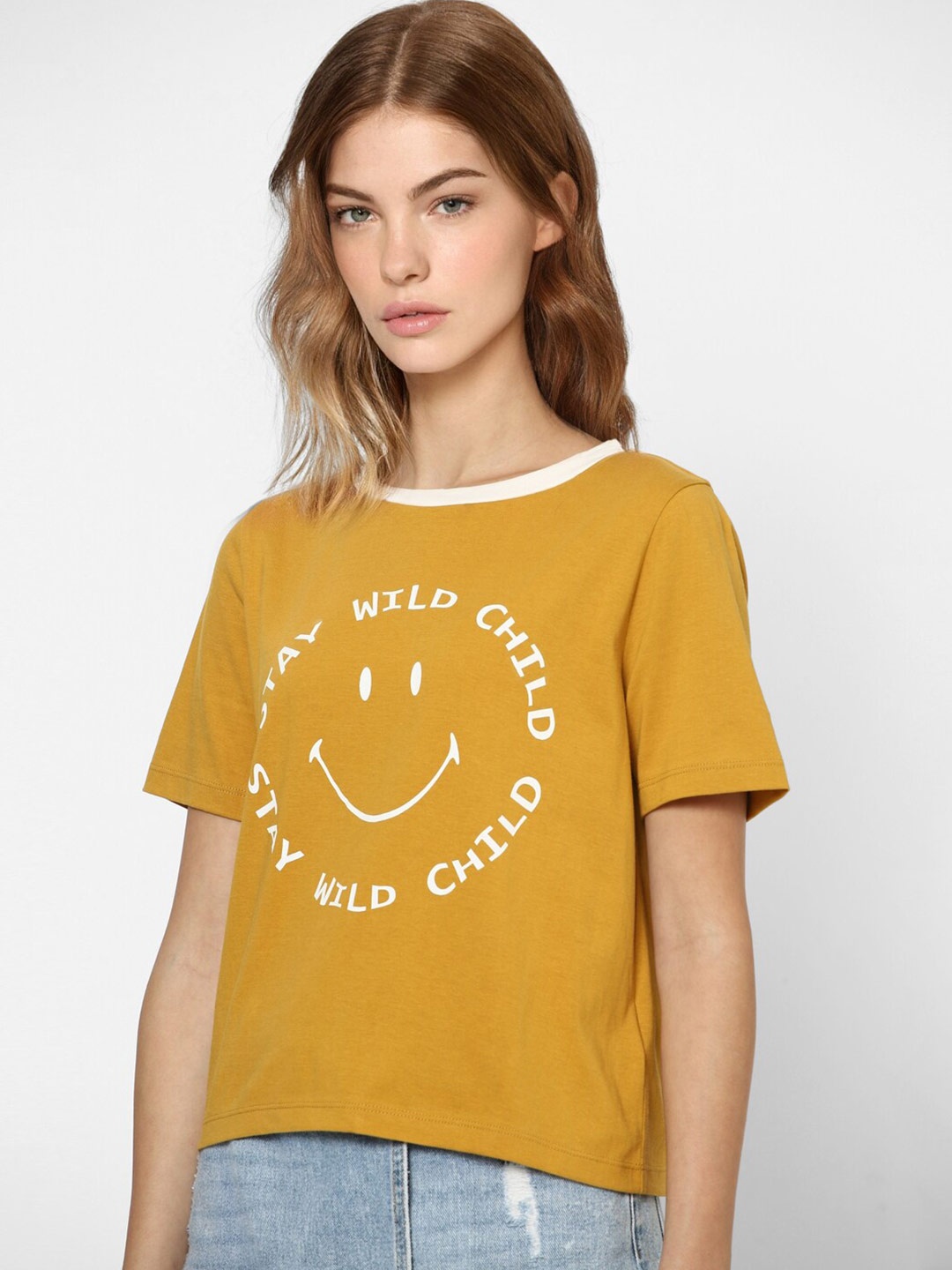 

ONLY Women Mustard Yellow Printed T-shirt