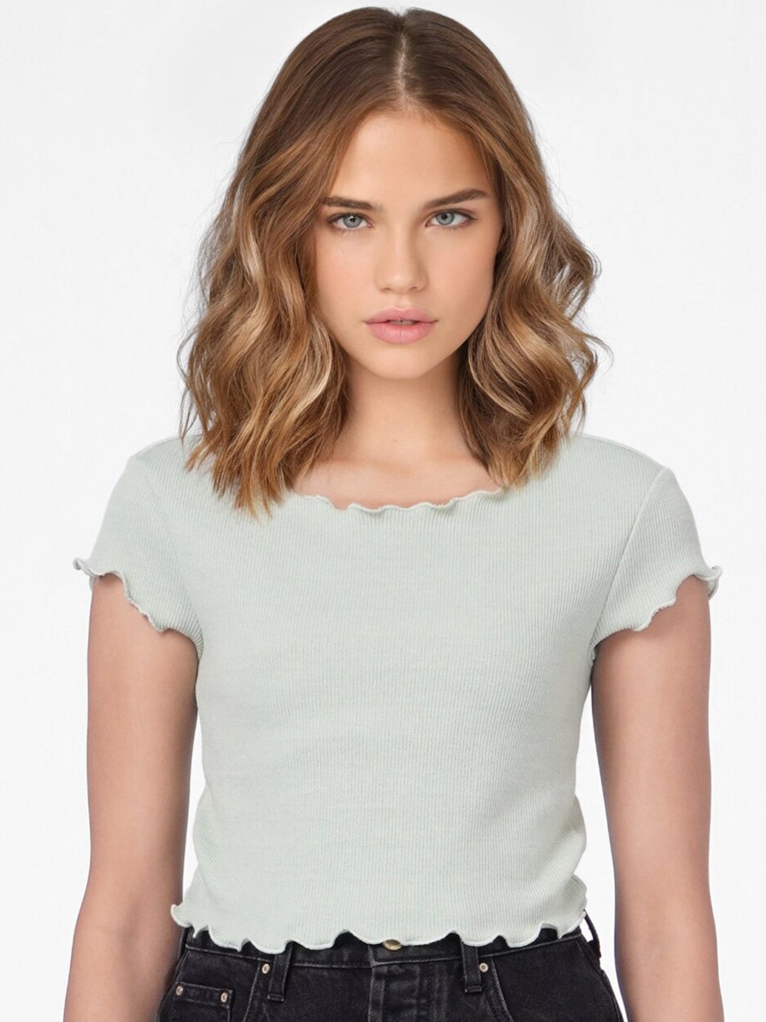 

ONLY Women Green V-Neck Pockets Slim Fit T-shirt