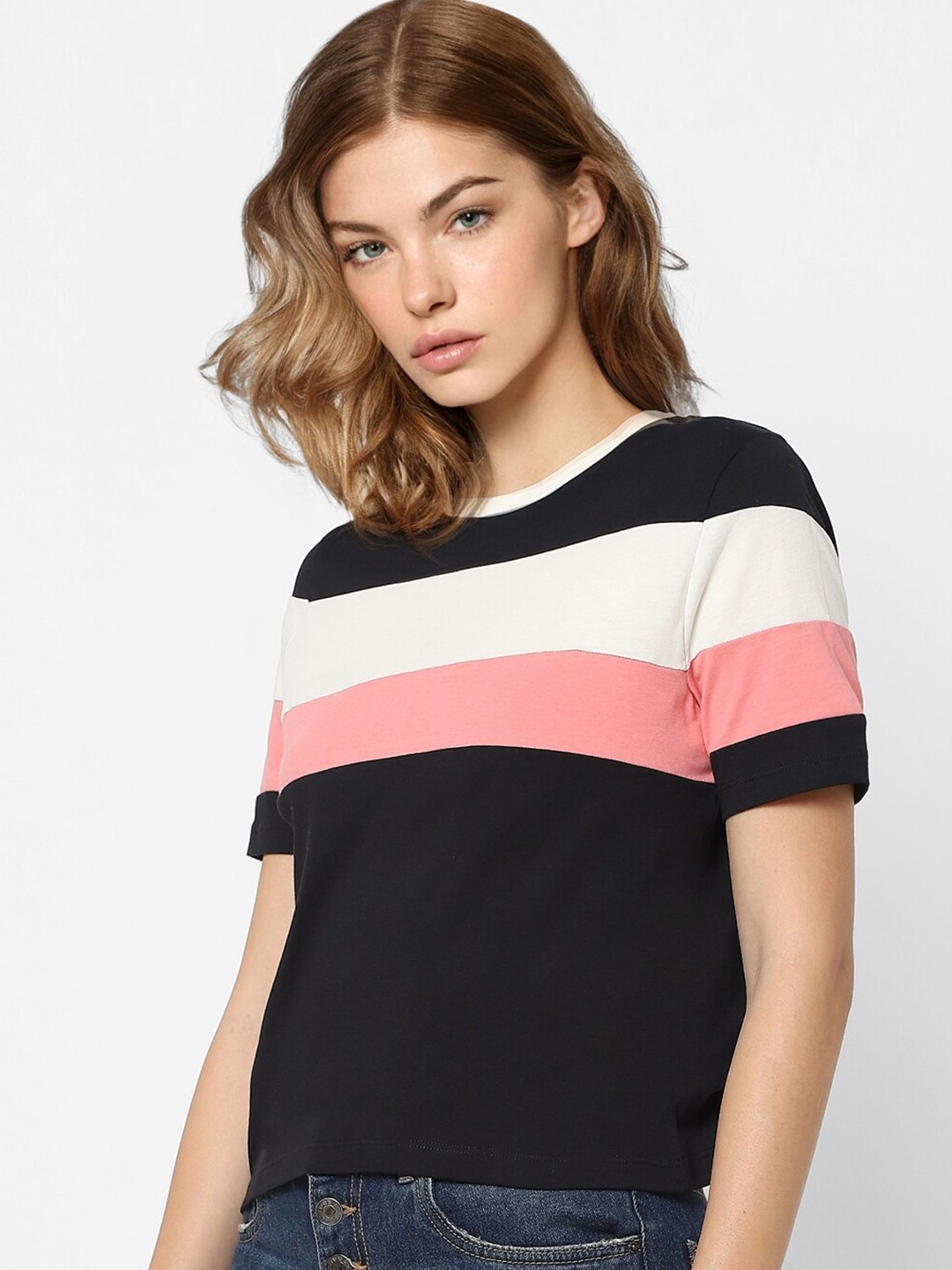 

ONLY Women Black Striped Polo Collar Pockets T-shirt