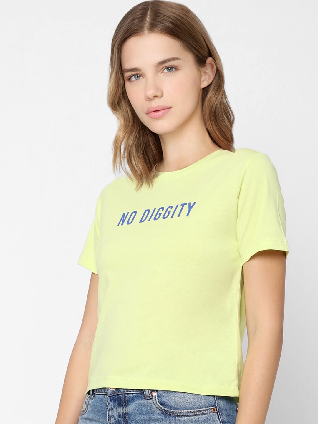 

ONLY Women Lime Green & Navy Blue Typography Printed Cotton T-shirt