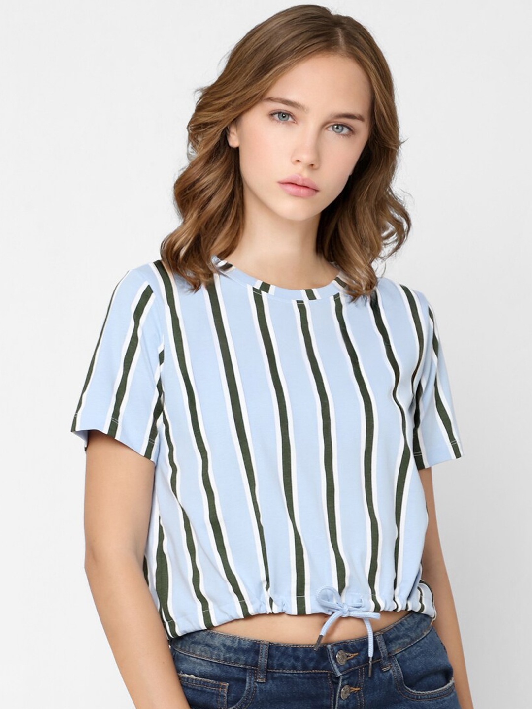 

ONLY Women Blue Striped Cotton T-shirt