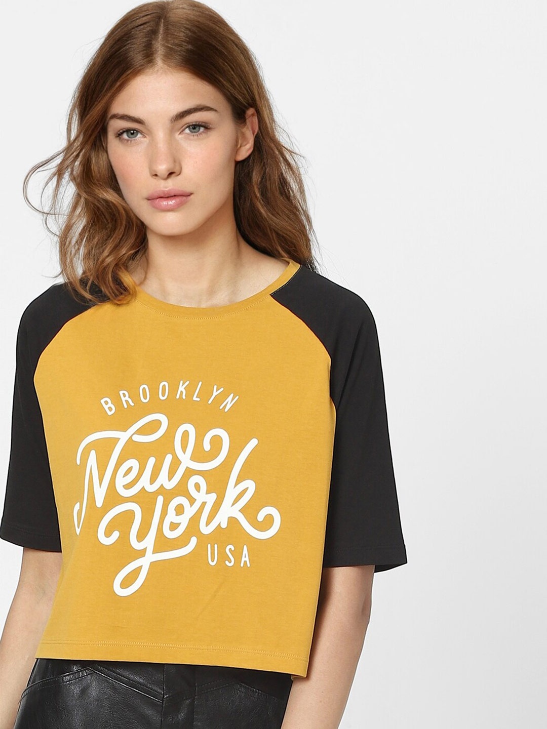 

ONLY Women Yellow & Black Typography Printed T-shirt