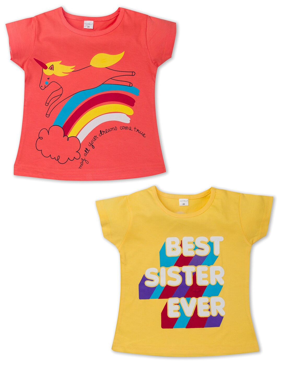 

Montello Girls Yellow & Peach-Coloured 2 Printed T-shirt