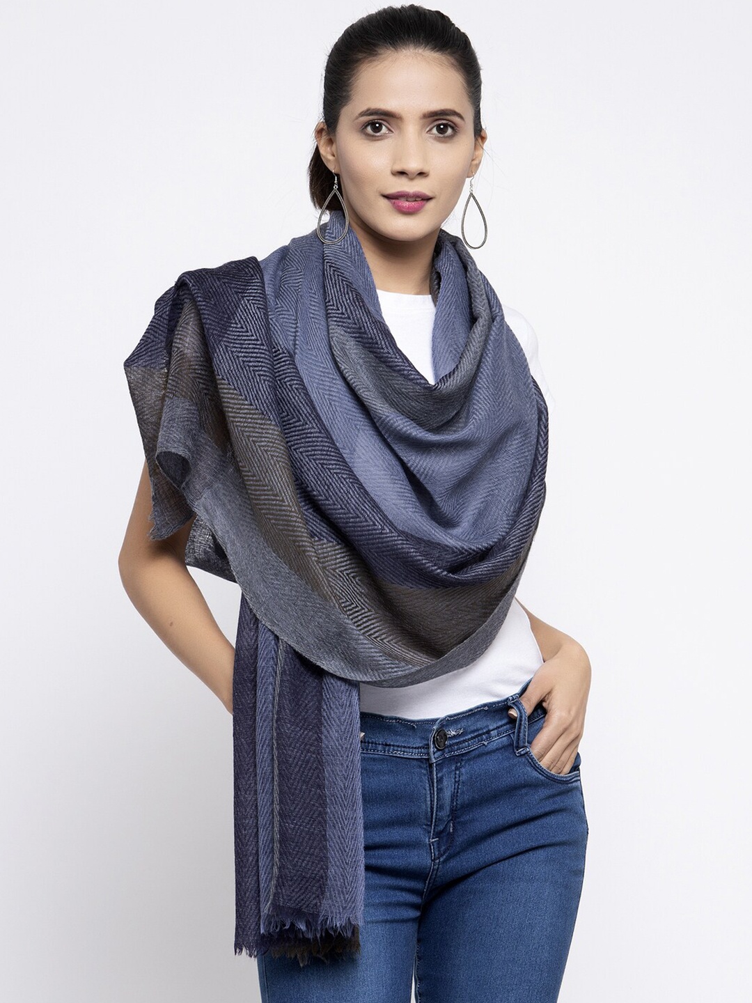 

Calvadoss Women Blue Woollen Woven Design Stole