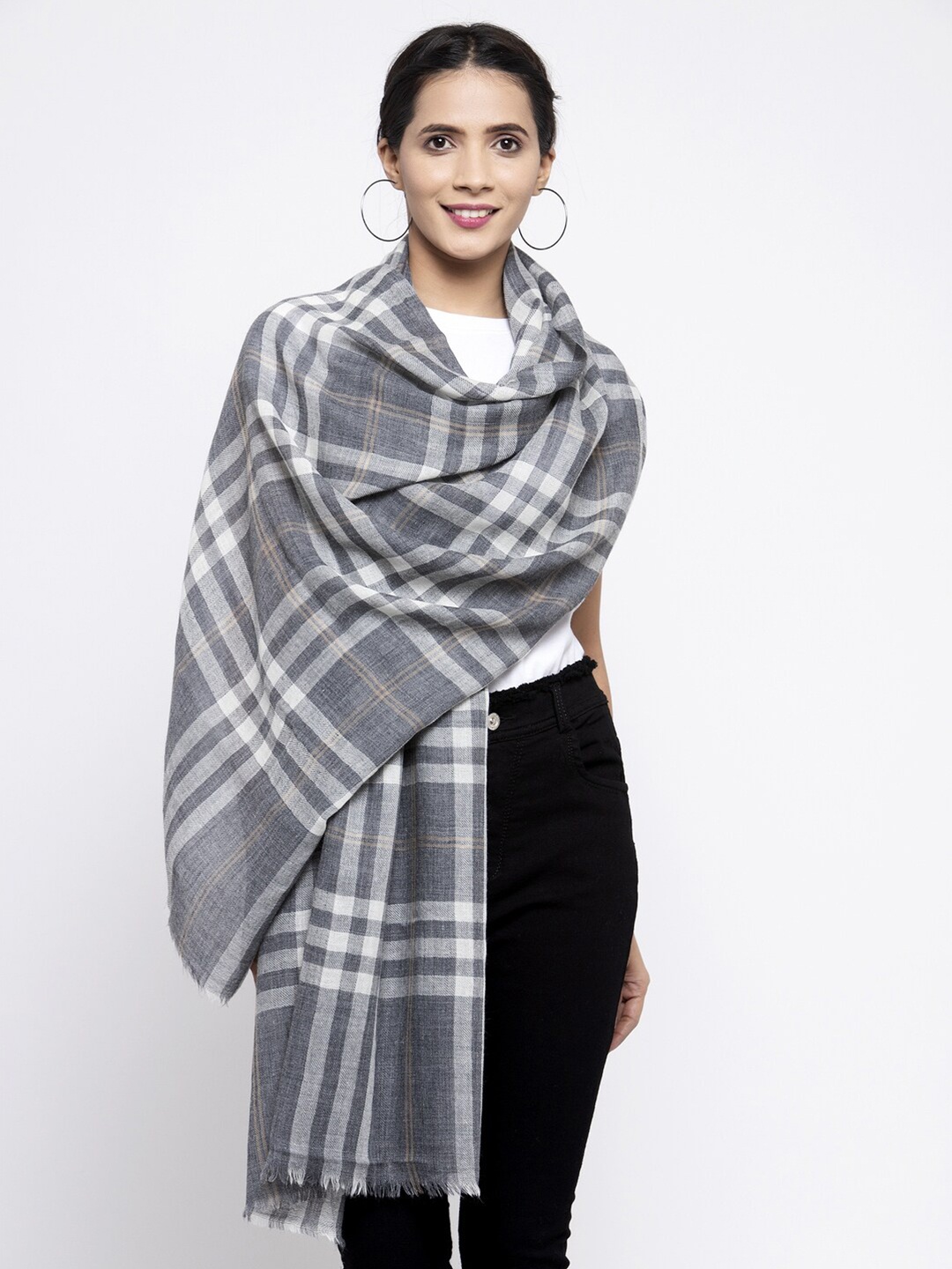 

Calvadoss Women Grey & White Checked Woollen Stole