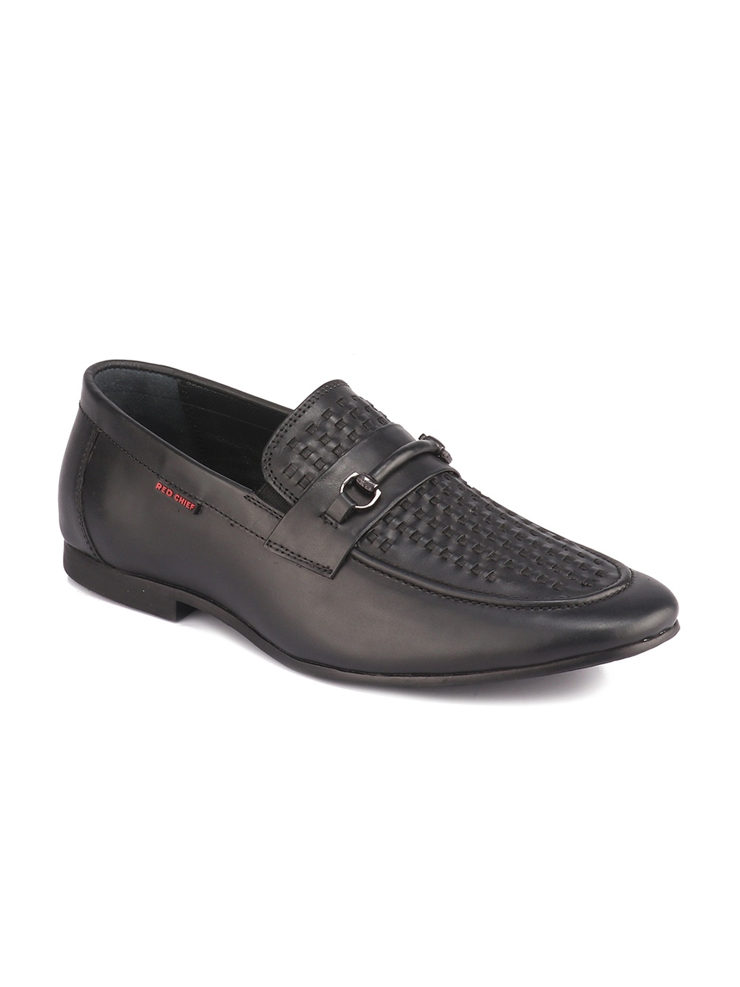 

Red Chief Men Woven Design Leather Slip-on Formal Horsebit Loafers, Black