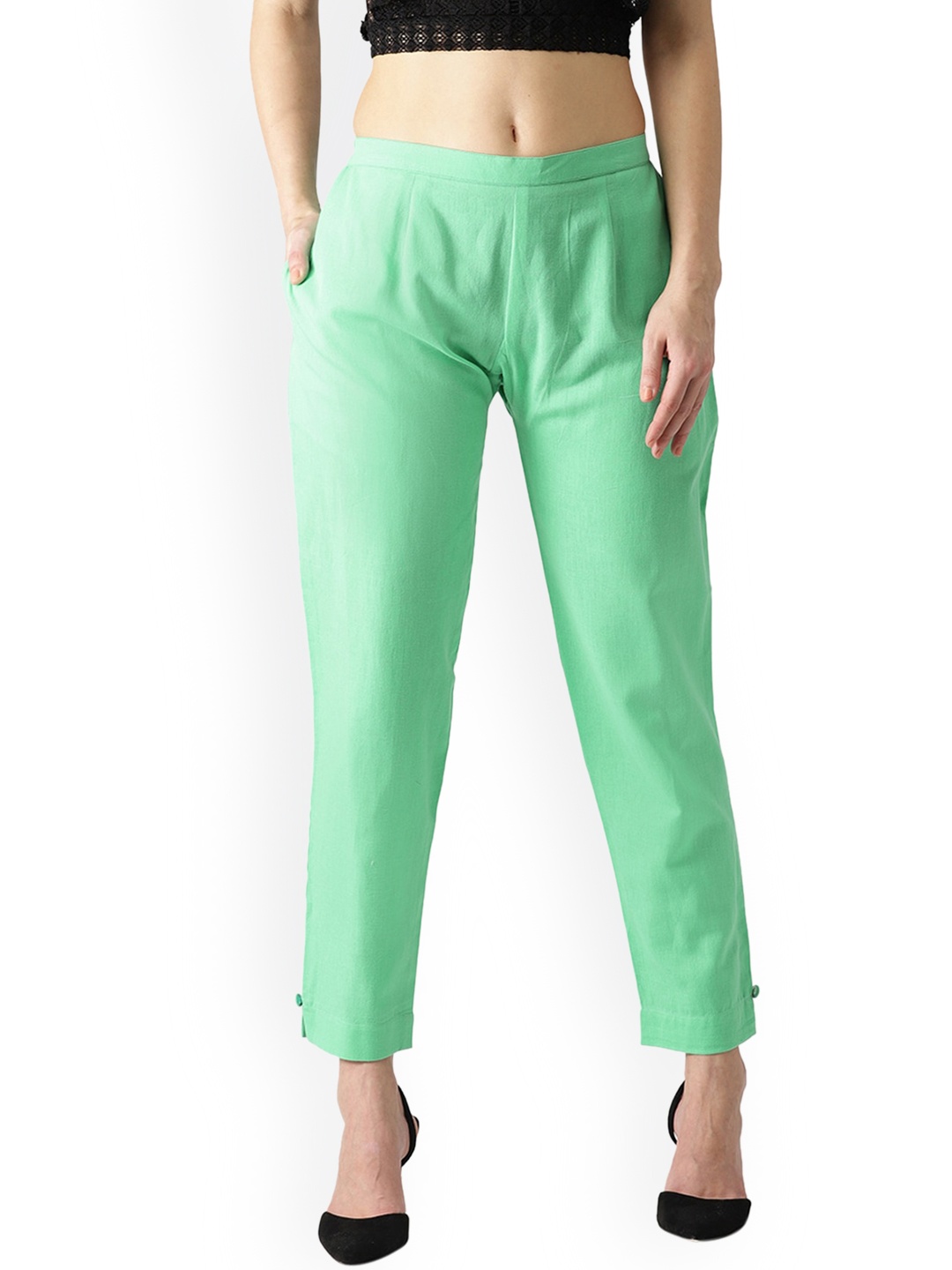 

Libas Women Green Solid Tapered Fit Cotton Pleated Trousers
