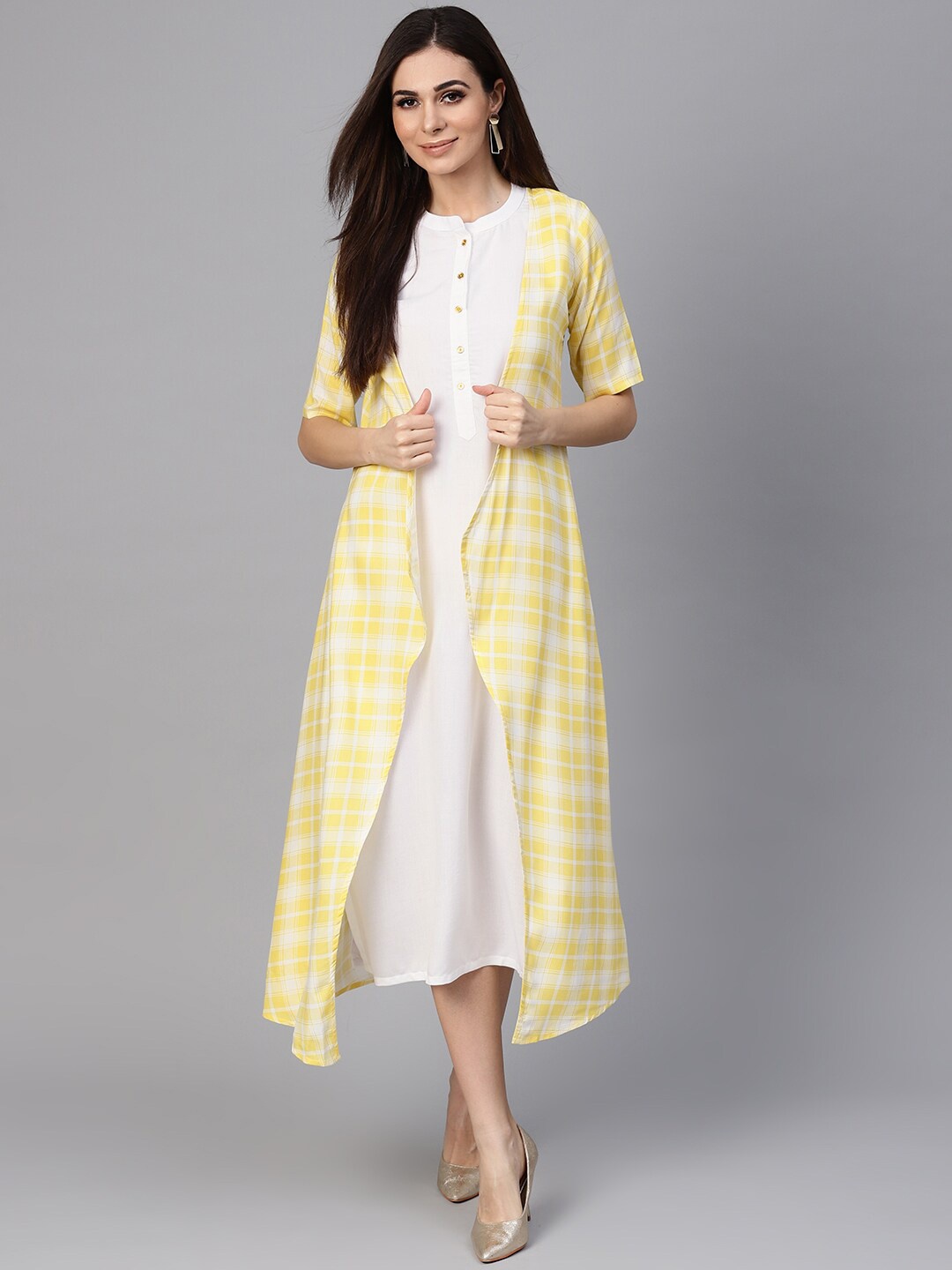 

Libas Yellow & White Straight Dress With A-Line Checkered Long Jacket Midi Dress
