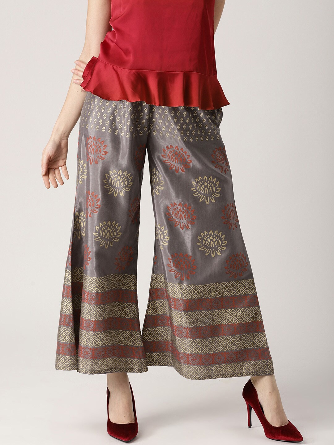 

Libas Women Grey & Maroon Floral Printed Palazzos